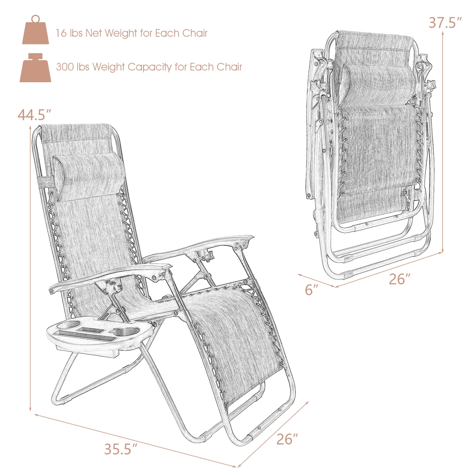 SUGIFT Set of 2 Removable Tray 0-160 Degree Recline Zero Gravity Lounge Chairs 57-in x 25-in 310-lb Capacity Beige
