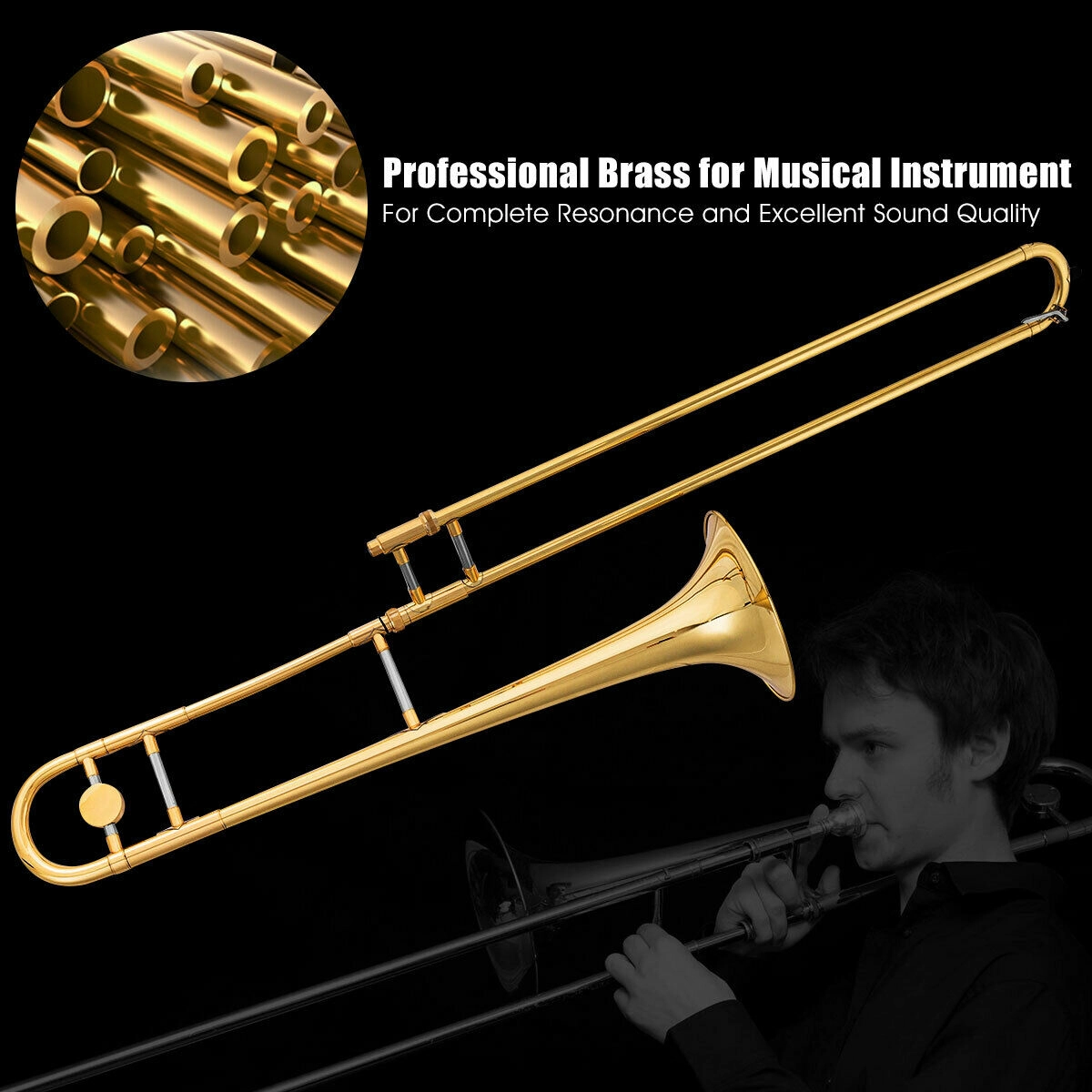 SUGIFT Gold Lacquer B-Flat Brass Trombone with Cupro-Nickel Mouthpiece Carrying Case and White Gloves