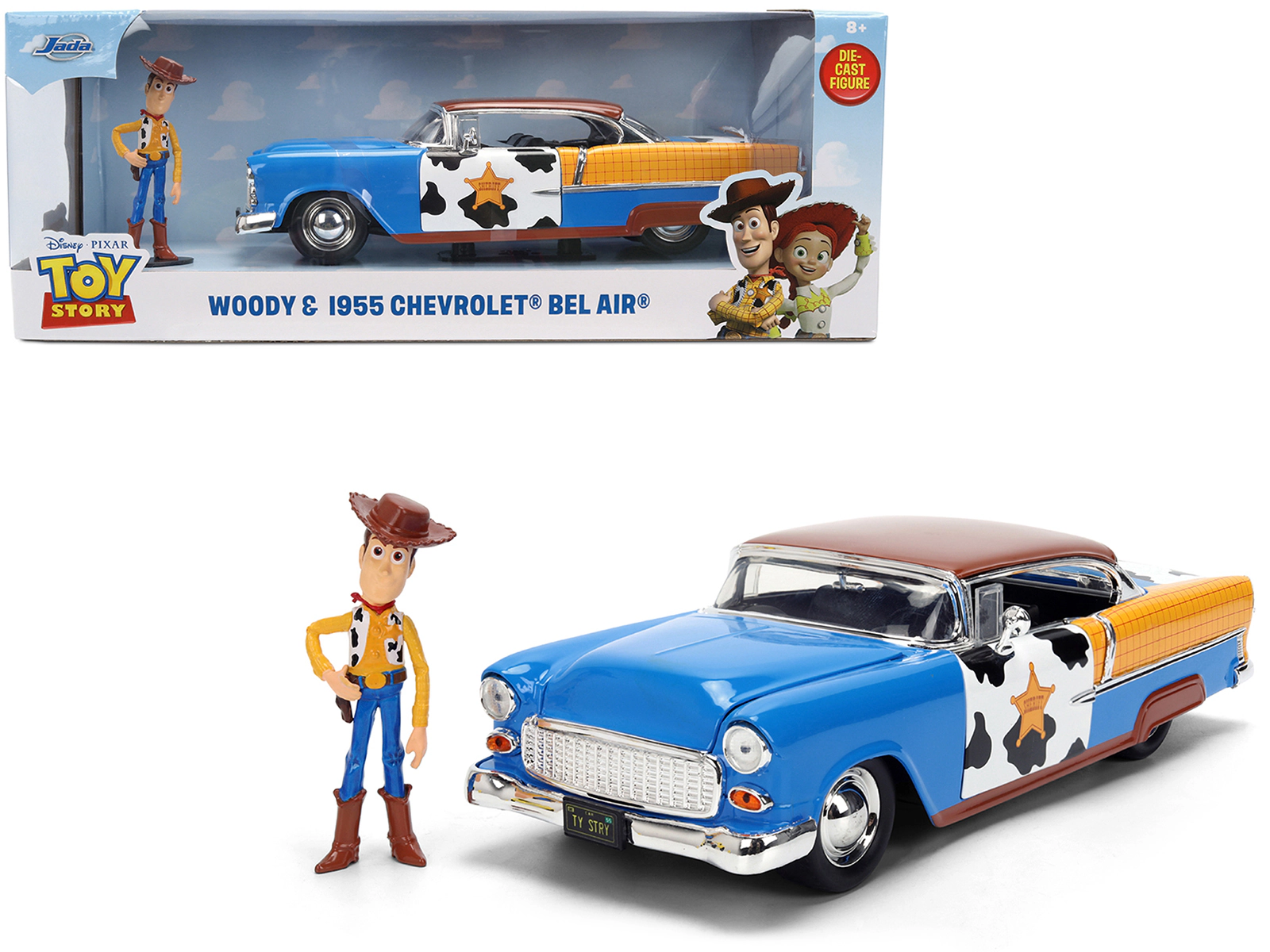 Jada 1955 Chevrolet Bel Air Blue with Graphics and Woody Diecast Figure "Toy Story" Franchise "Hollywood