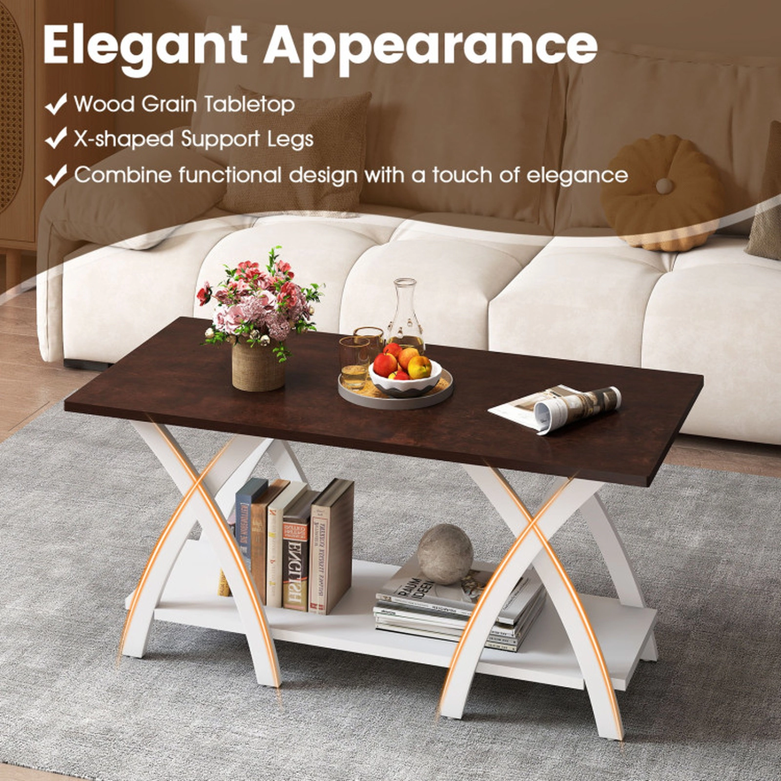 SUGIFT 40-in Farmhouse Wooden 2-Tier Coffee Table with Storage Shelf 155-lb Capacity Rubber Wood Walnut + White