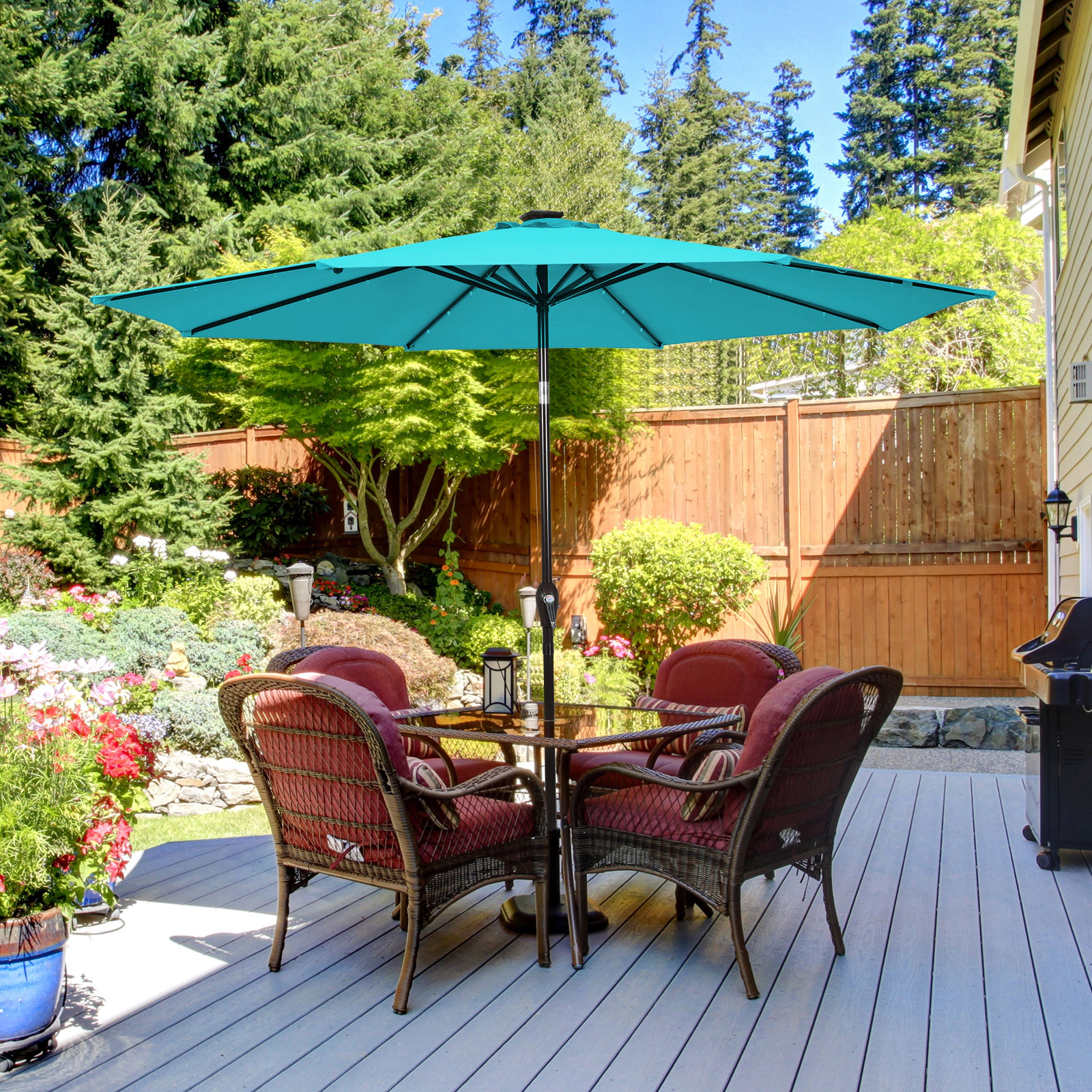 SUGIFT 10-Ft Outdoor Patio Umbrella 24 Solar LED Lights Crank Lift & Push Button Tilt 10-ft Canopy Diameter Turquoise