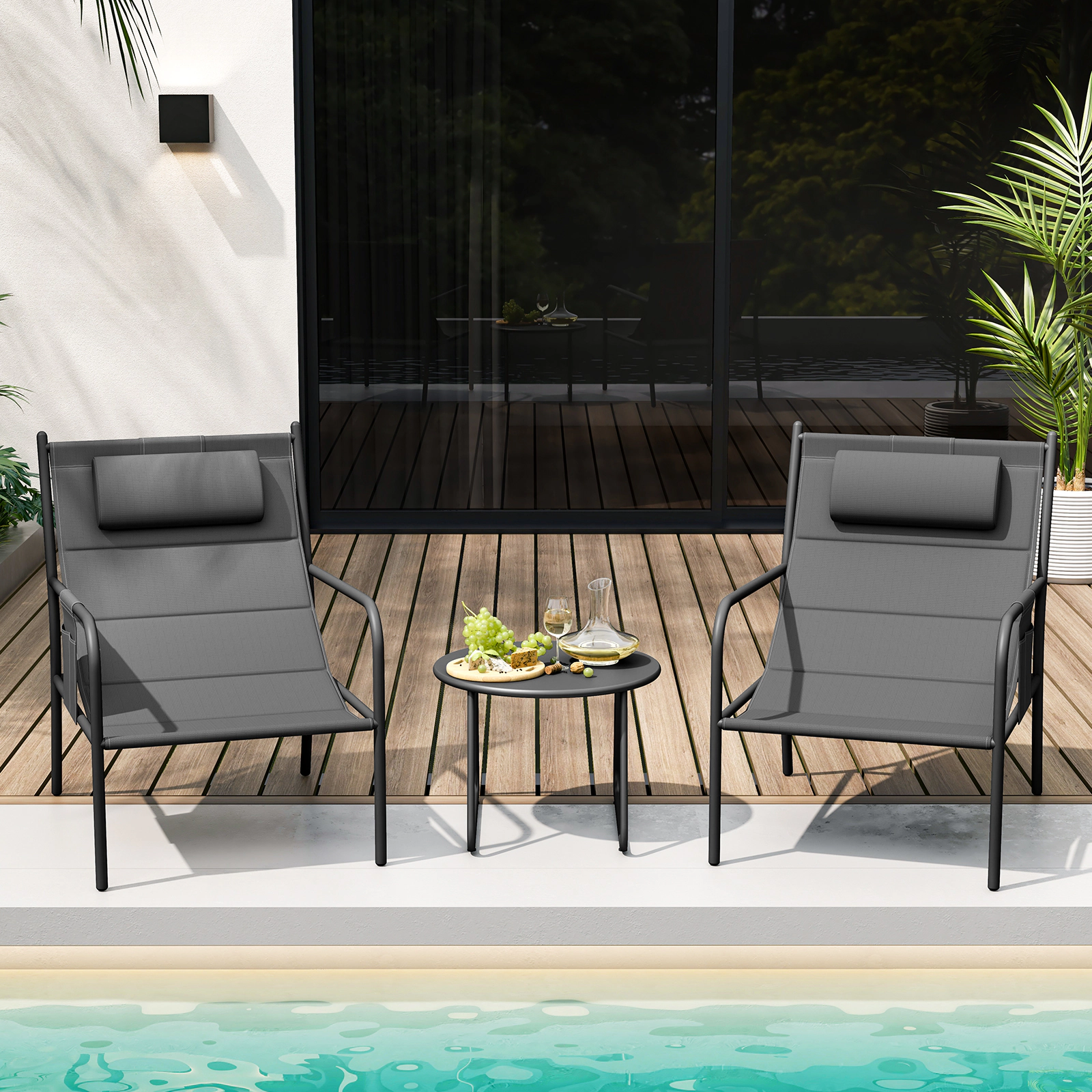 SUGIFT 3 Piece Outdoor Bistro Conversation Set with Metal Chairs and Coffee Table 330-lb Chair Capacity Gray