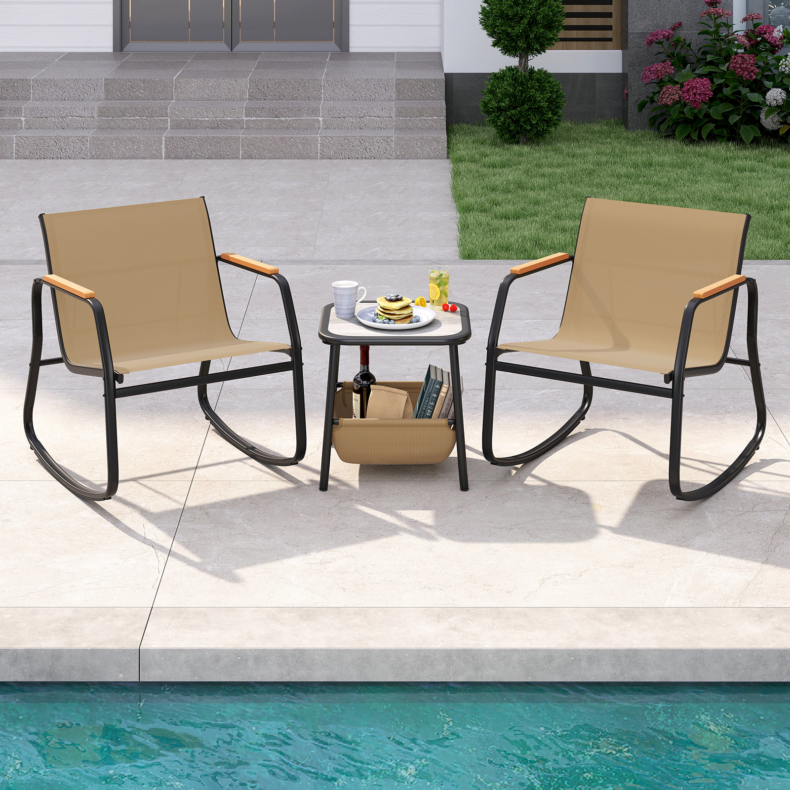 SUGIFT 3-Piece Rocking Bistro Chairs and Side Table Set 330-lb Chair Capacity Black + Brown