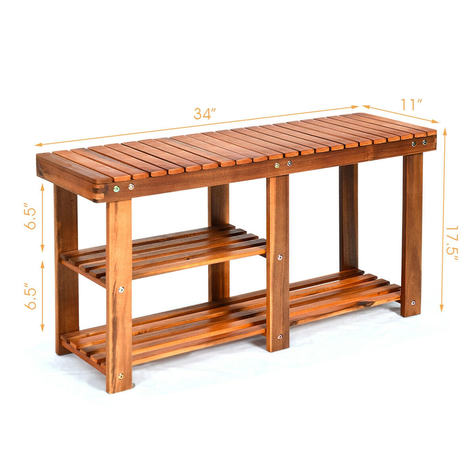 SUGIFT 3-Tier Teak 34-in 350-lb Capacity Freestanding Acacia Wood Shoe Storage Bench with Seat