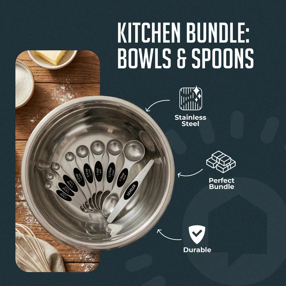 Luminuxe 12 Piece Kitchen Mixing & Measuring Set, Stainless Steel Mixing Bowl with Lids and Nesting Magnetic Spoons