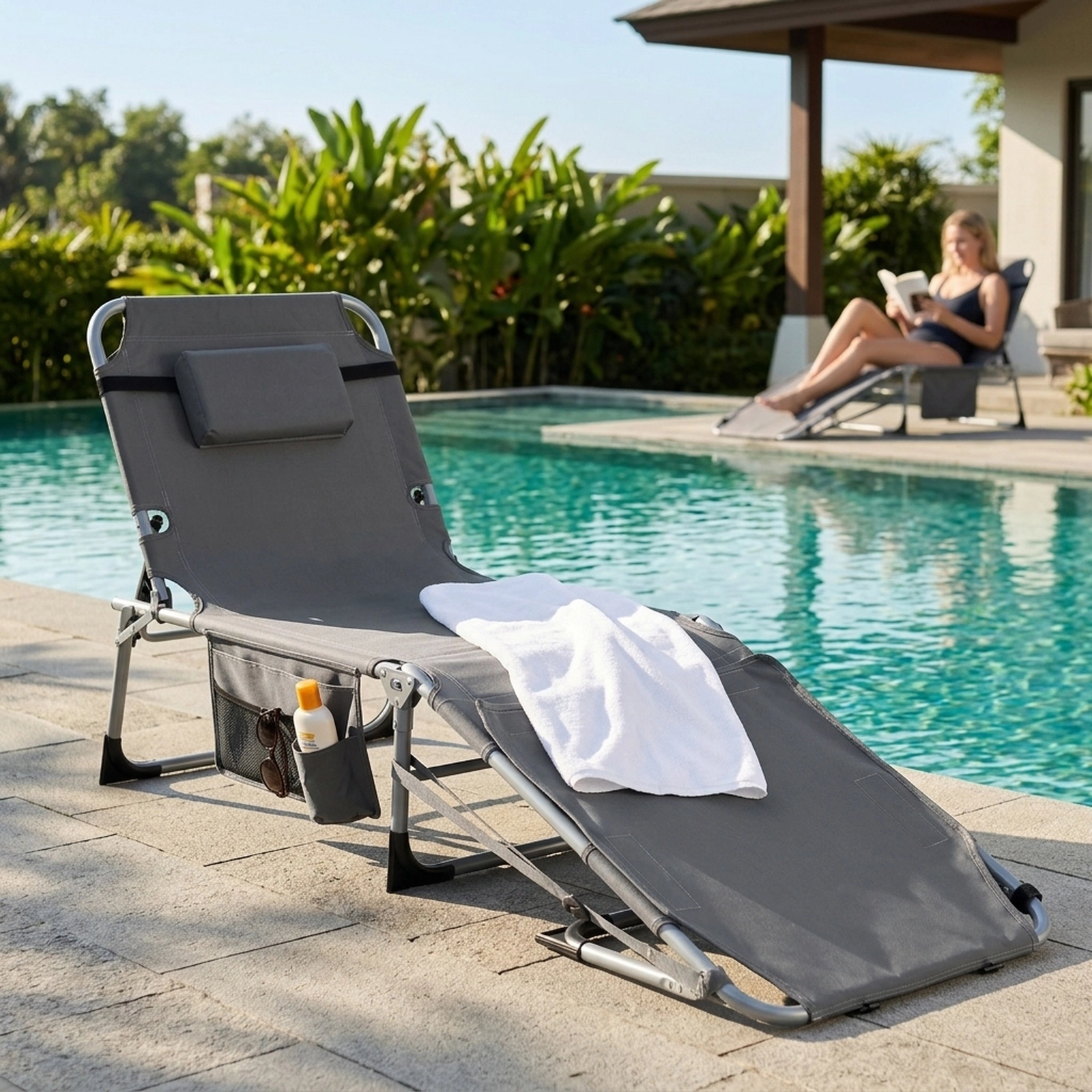 SUGIFT Portable Sun Lounge Chair, U-Shaped Face Opening, 4-Position Reclining Backrest, Gray