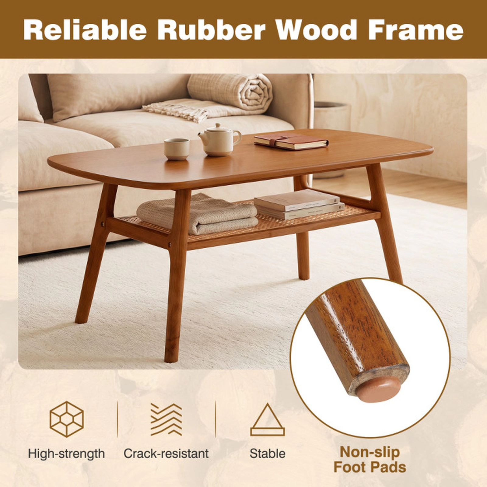 SUGIFT 2-Tier Boho Rattan Coffee Table with Rounded Corners 175-lb Tabletop 45-lb Shelf Capacity Natural/Walnut