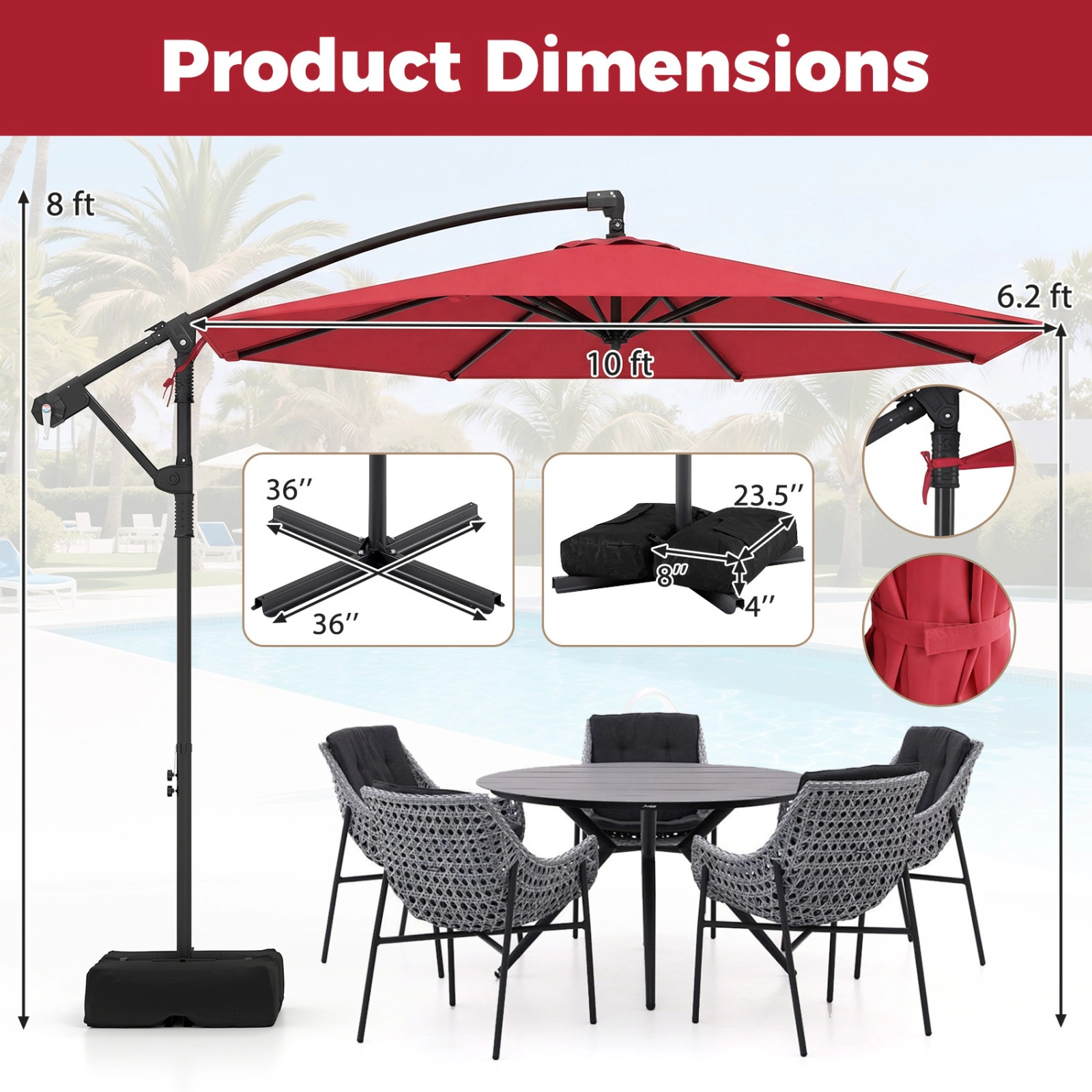 SUGIFT 10-ft Red Offset Cantilever Patio Umbrella with Base 2 220-lb Sandbags Infinite Tilt and 360 Rotation