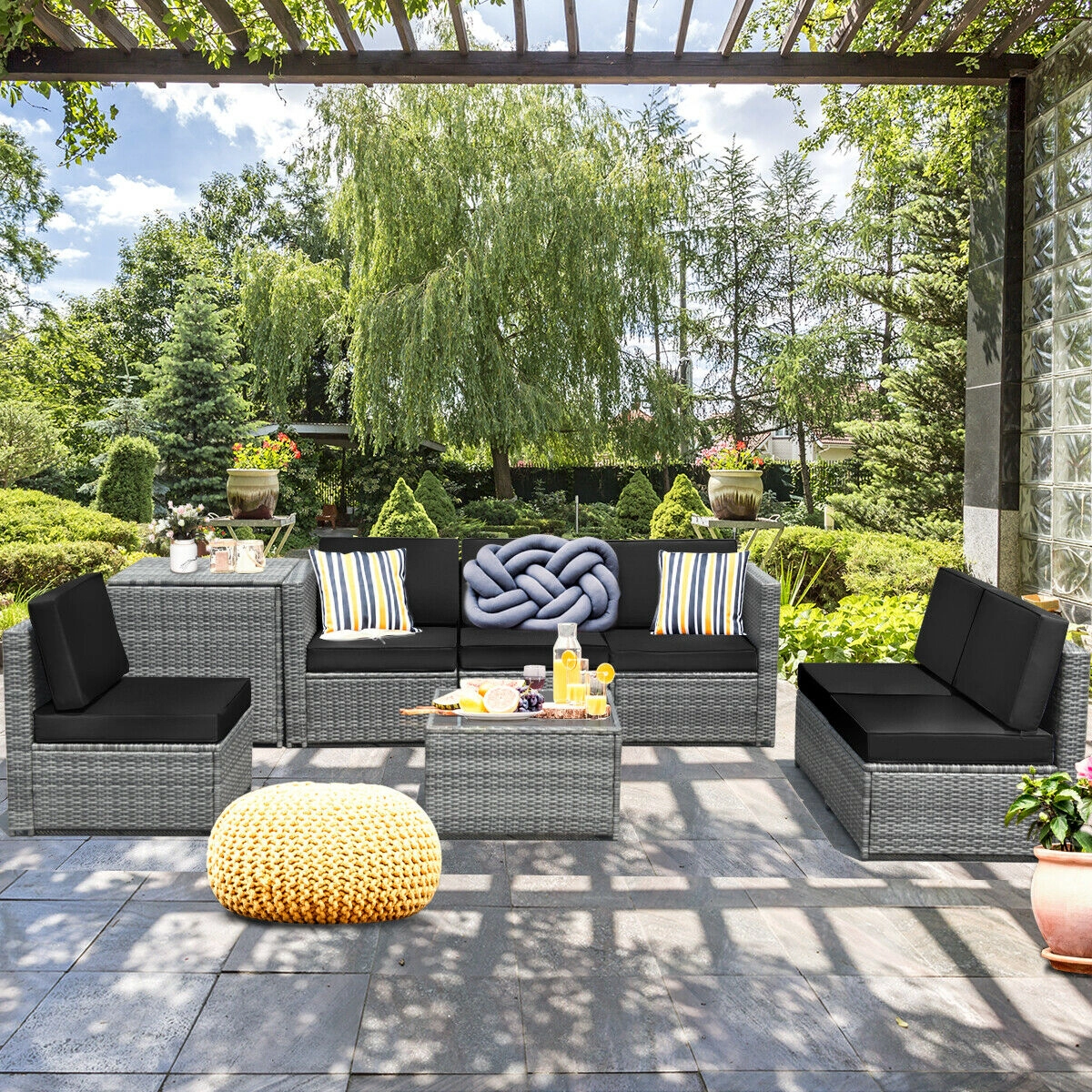 LJG 8 Piece Wicker Sofa Rattan Dining Set Patio Furniture with Storage Table