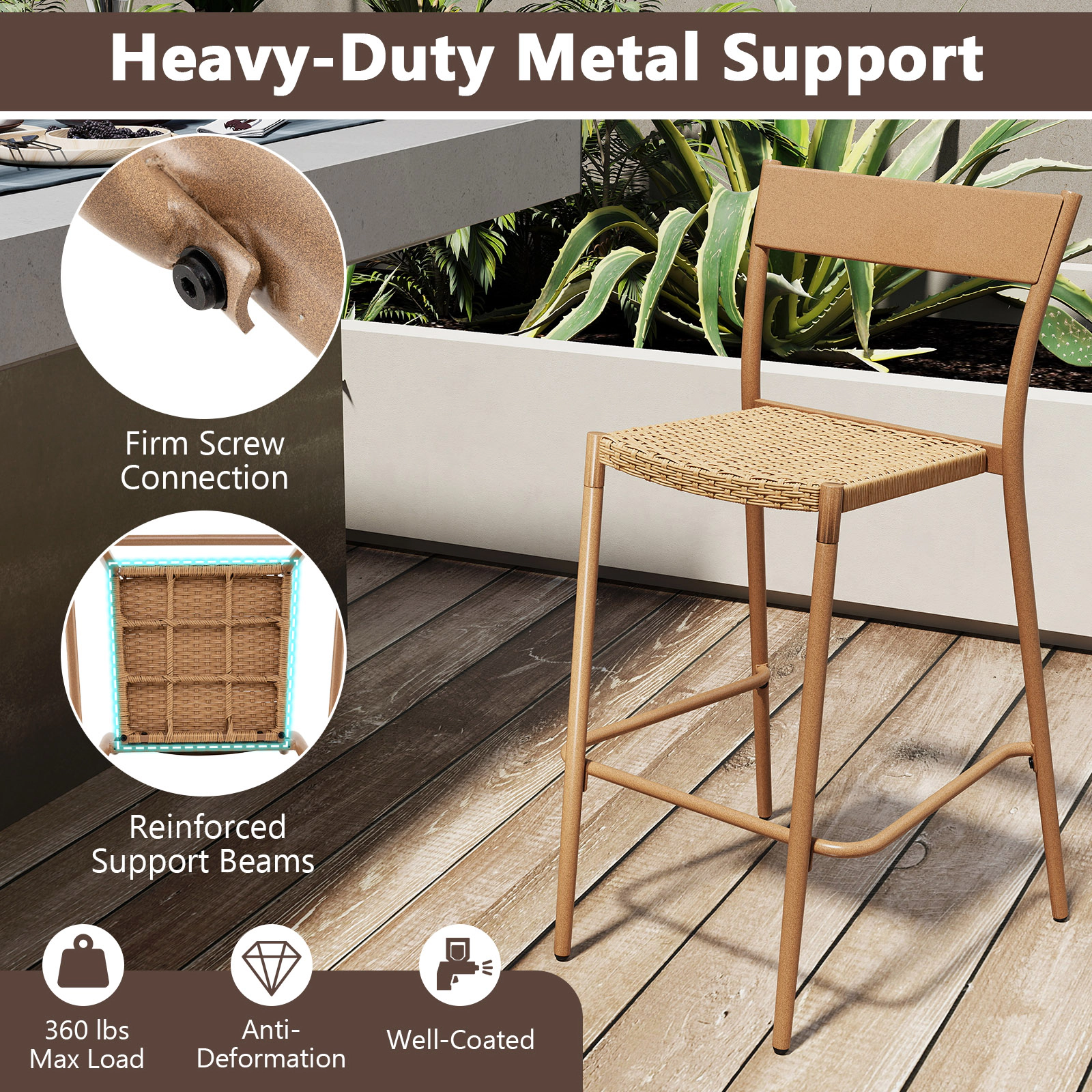 SUGIFT 3-Piece Outdoor Patio Bar Set, 48-Inch Table and 2 Stackable Armless PE Rattan Chairs