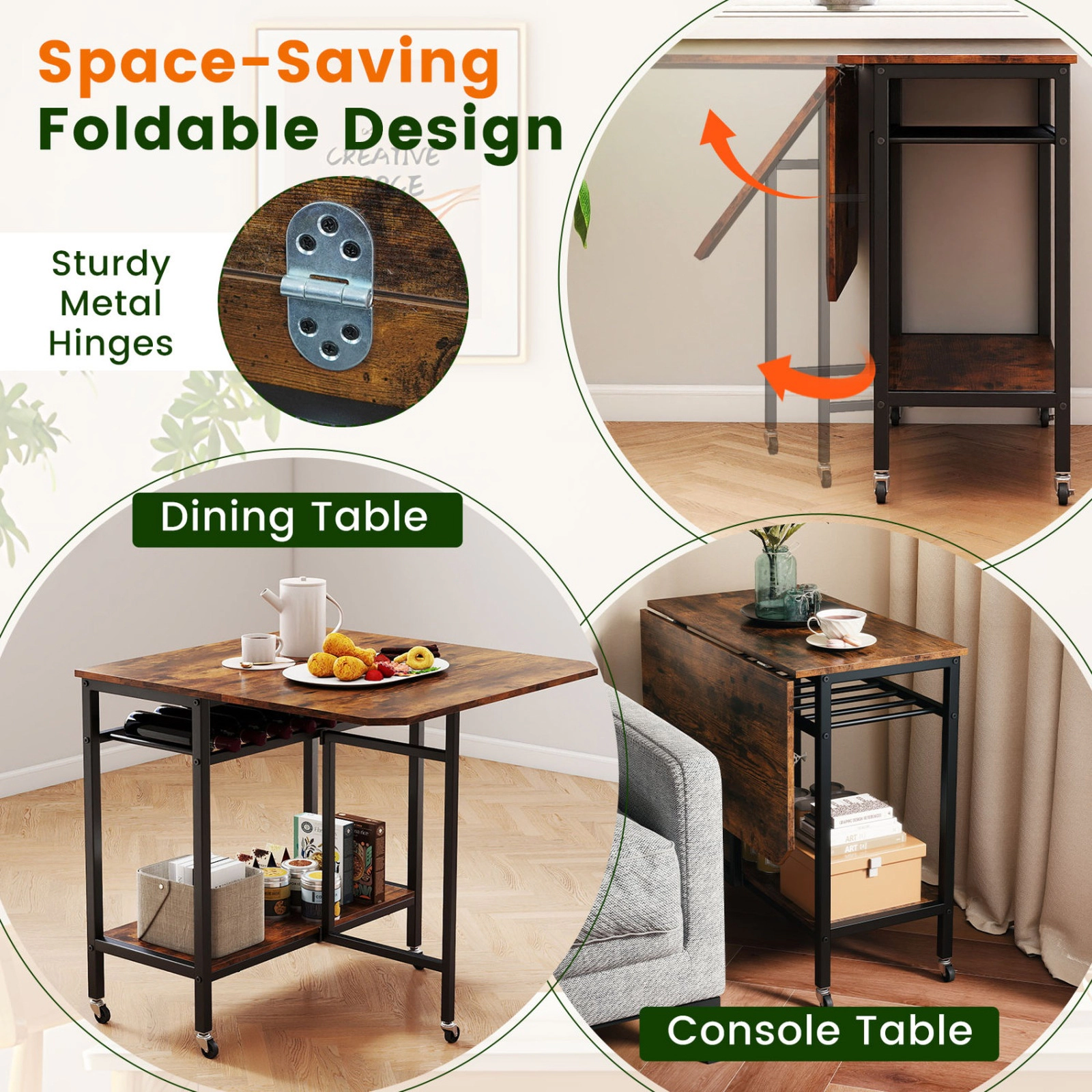 SUGIFT Rolling Drop-Leaf Dining Table with Wine Rack and Locking Casters