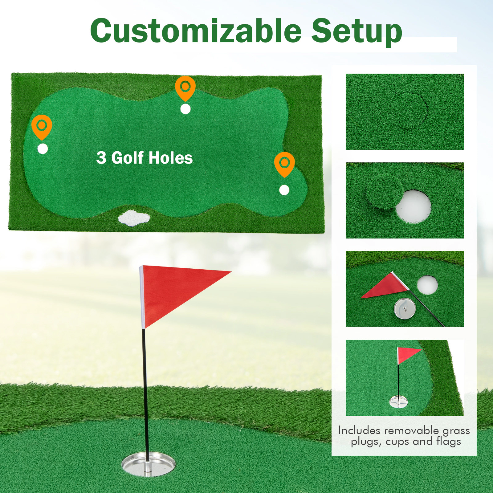 SUGIFT Realistic Artificial Grass Turf and 3 Holes Golf Putting Green Mat