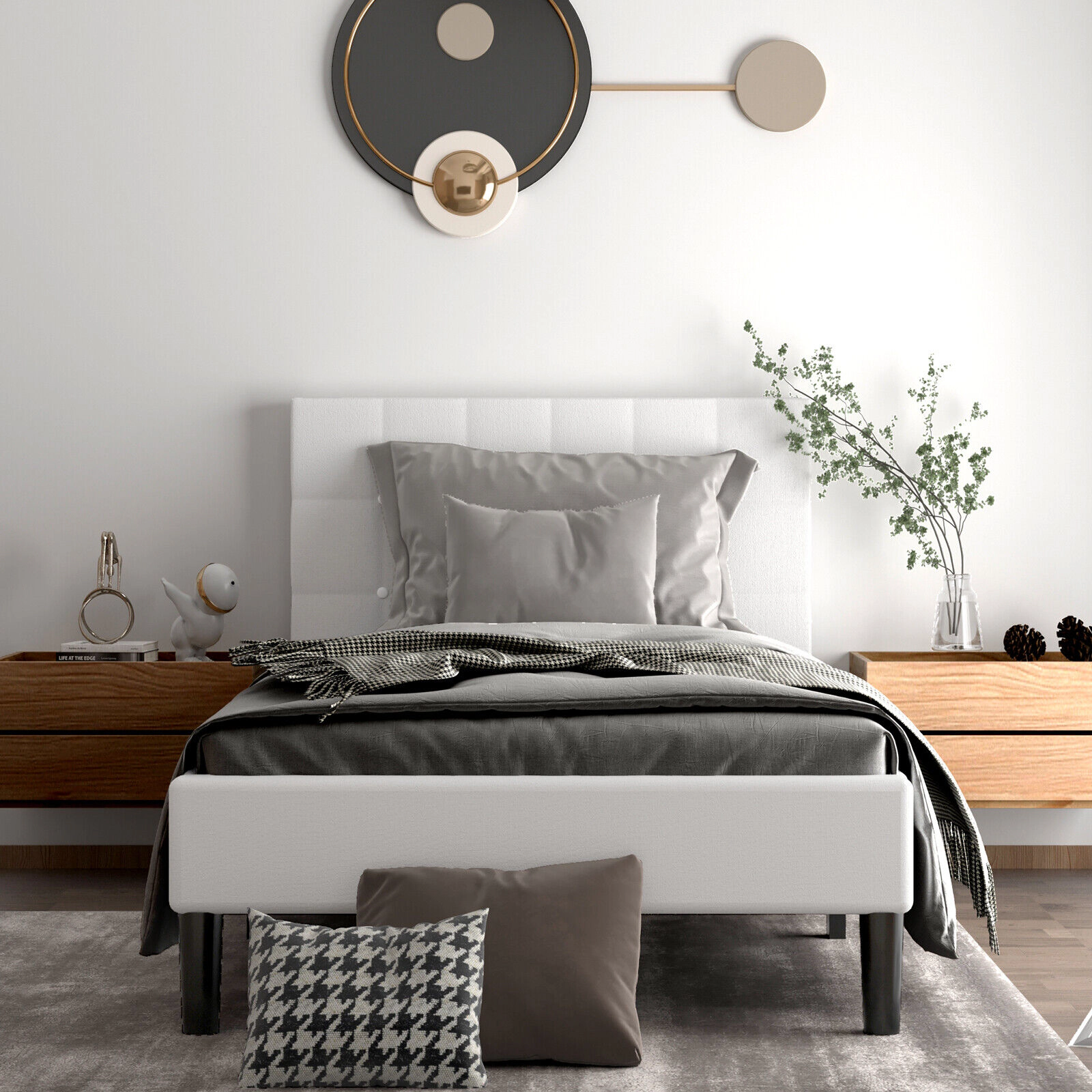SUGIFT Twin Upholstered Platform Bed, Button-Tufted Headboard, Padded Side Rails, Beige Fabric, 11 Support Legs