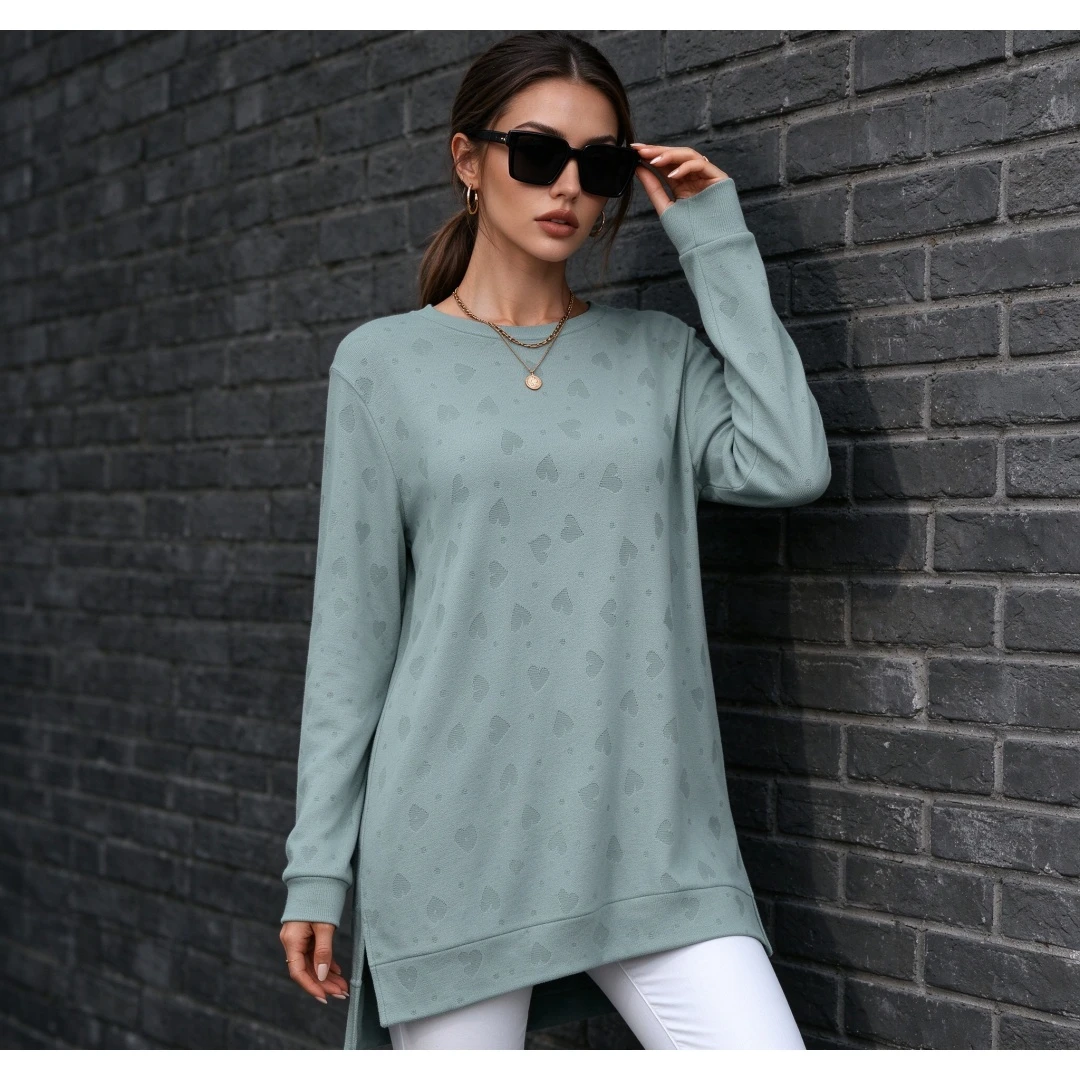 Coolmee Women's Round Neck Loose Long Sleeve Slit T-Shirt Top All Season