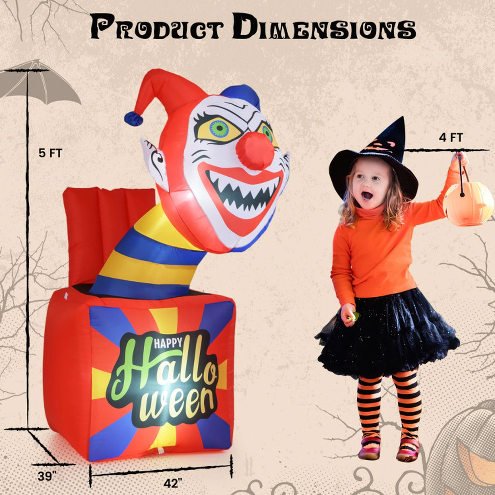 SUGIFT Halloween Inflatable Clown Jack-in-the-Box with 6 LED Lights