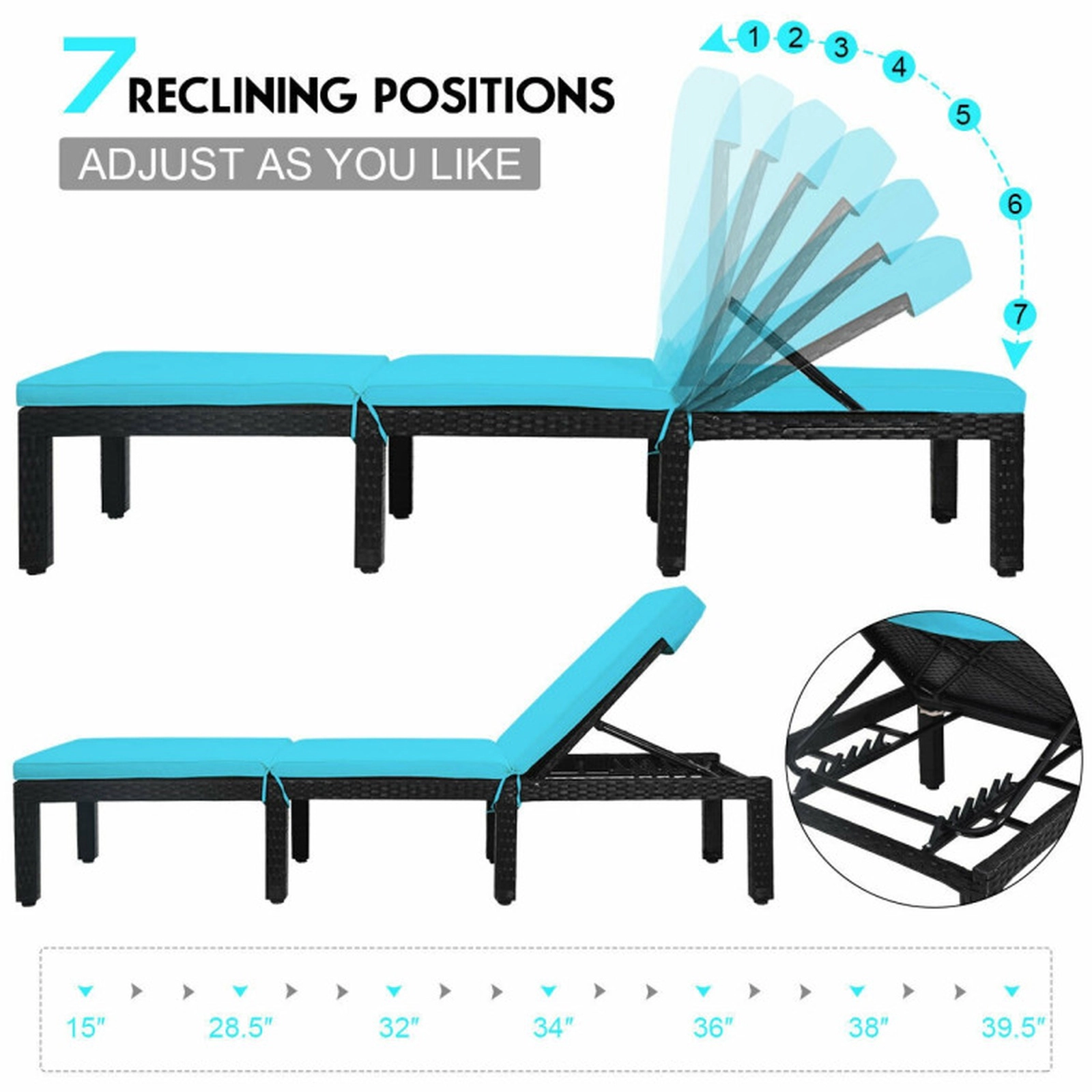 SUGIFT 6-Position 2-in Cushion PE Rattan Steel Frame Chaise Lounge Chair 77-in x 25.5-in 355-lb Capacity Turquoise