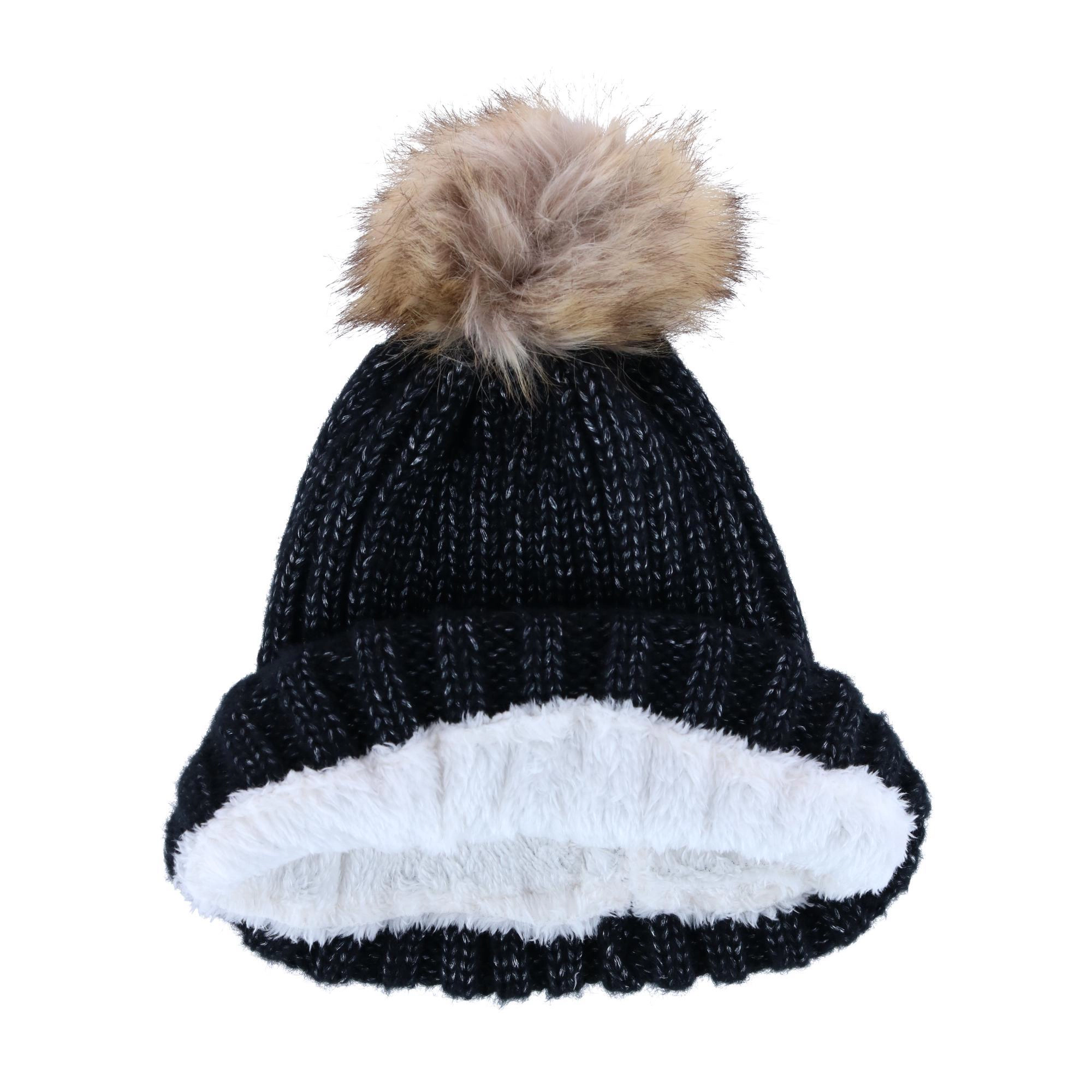 CTM Women's Metallic Shimmer Winter Knit Lined Beanie with Pom
