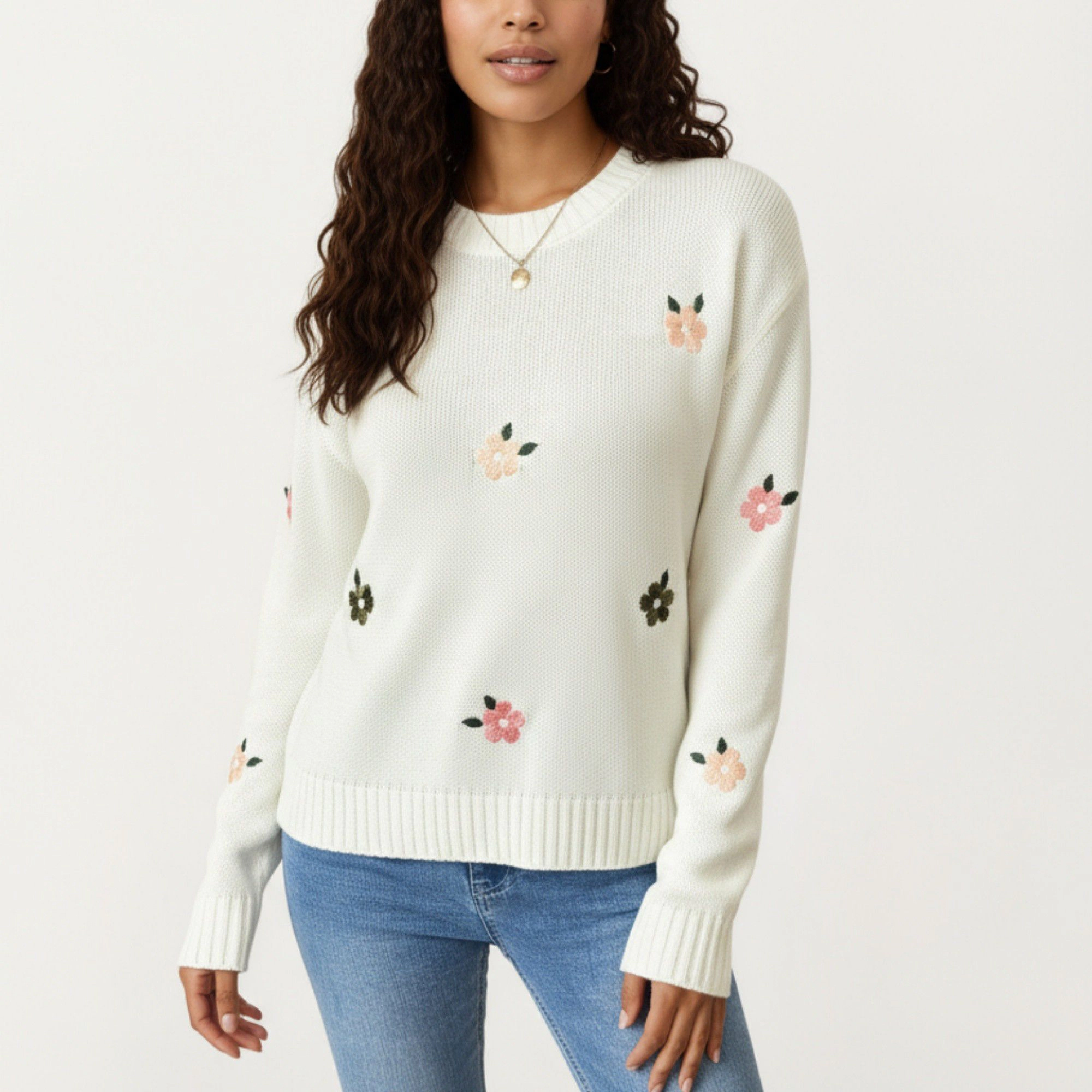 Anna-Kaci Women's Floral Embroidered Knit Sweater with Ribbed Hem Long Sleeves