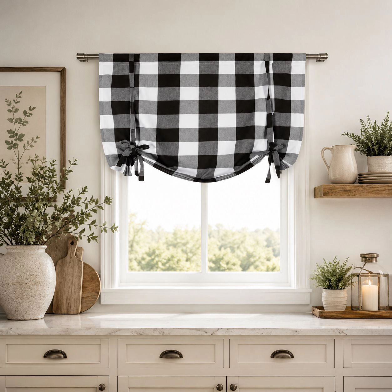 Kate Aurora Country Farmhouse Large Buffalo Plaid Tie Up Window Curtain With Ties