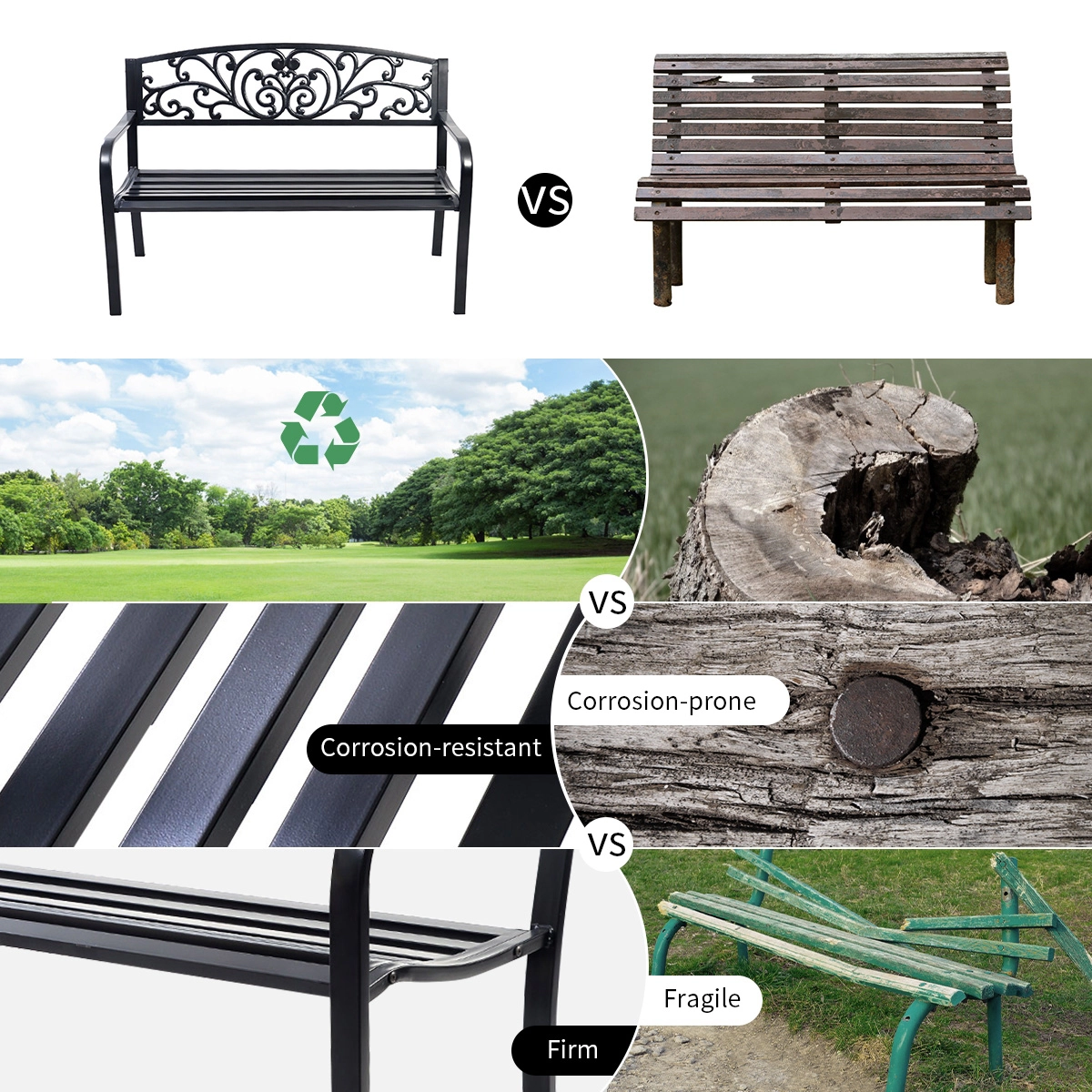 SUGIFT Steel Frame Patio Park Bench with Cast Iron Mesh Backrest 50-in Wide Outdoor Garden Porch Chair