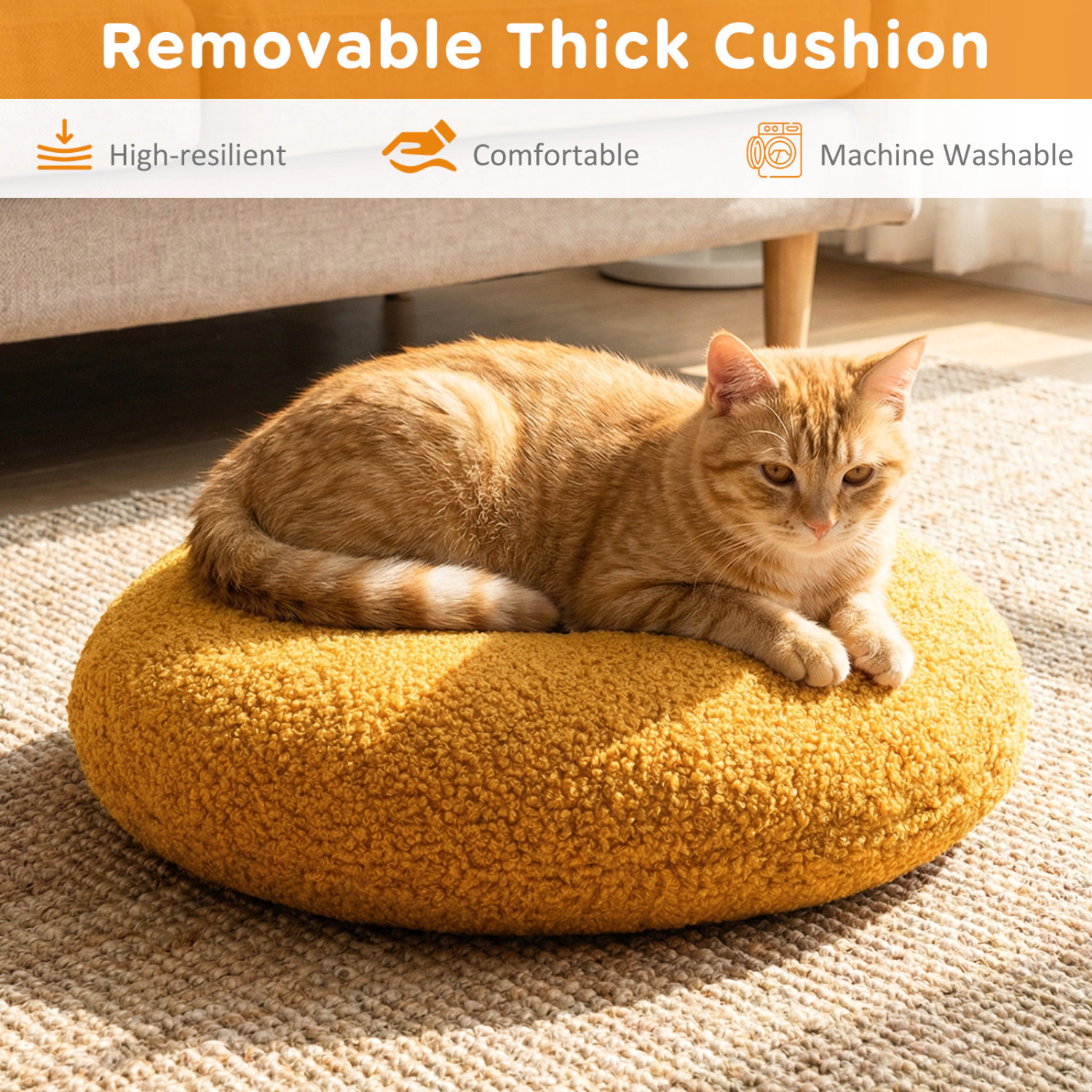 SUGIFT Hamburger Cat Nest Pet House with Chicken Drumstick Toy and Removable Cushion 155-lb Capacity Indoor Stool Yellow
