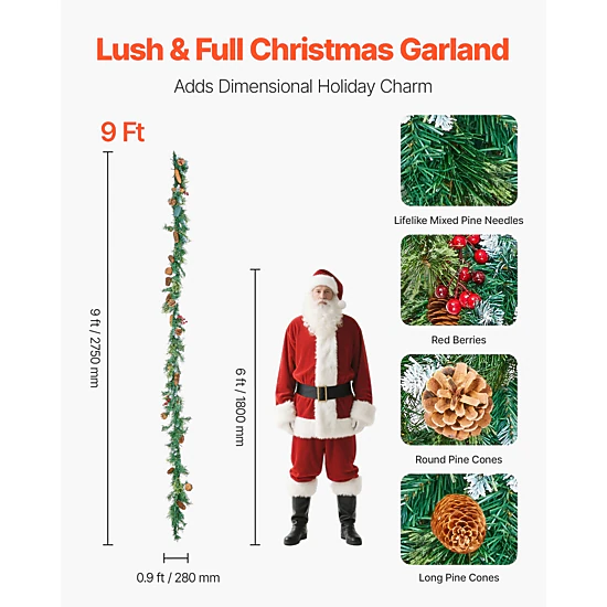 HONGGE Christmas Garland Realistic Greenery Decorated with Vines Olive Leaves and Berries Evergreen Faux Garlands with