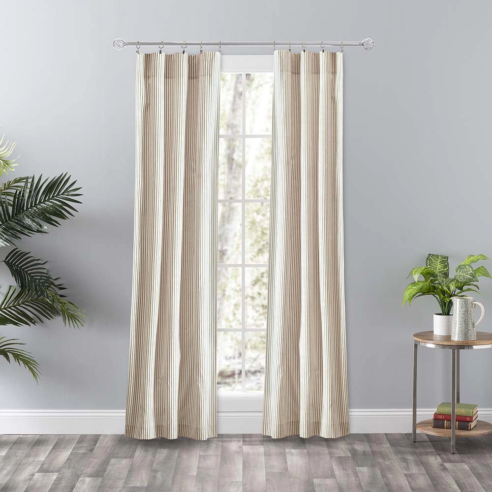 Ellis Curtain Plaza Classic Ticking Stripe Printed 3" Rod Pocket Tailored Panel Pair with Tiebacks 56" x 84" Tan