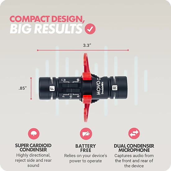Movo DoubleMic V2 Two-Sided Shotgun Mic for Camera Vlogging - Dual Capsule External Microphone for iPhone, Android