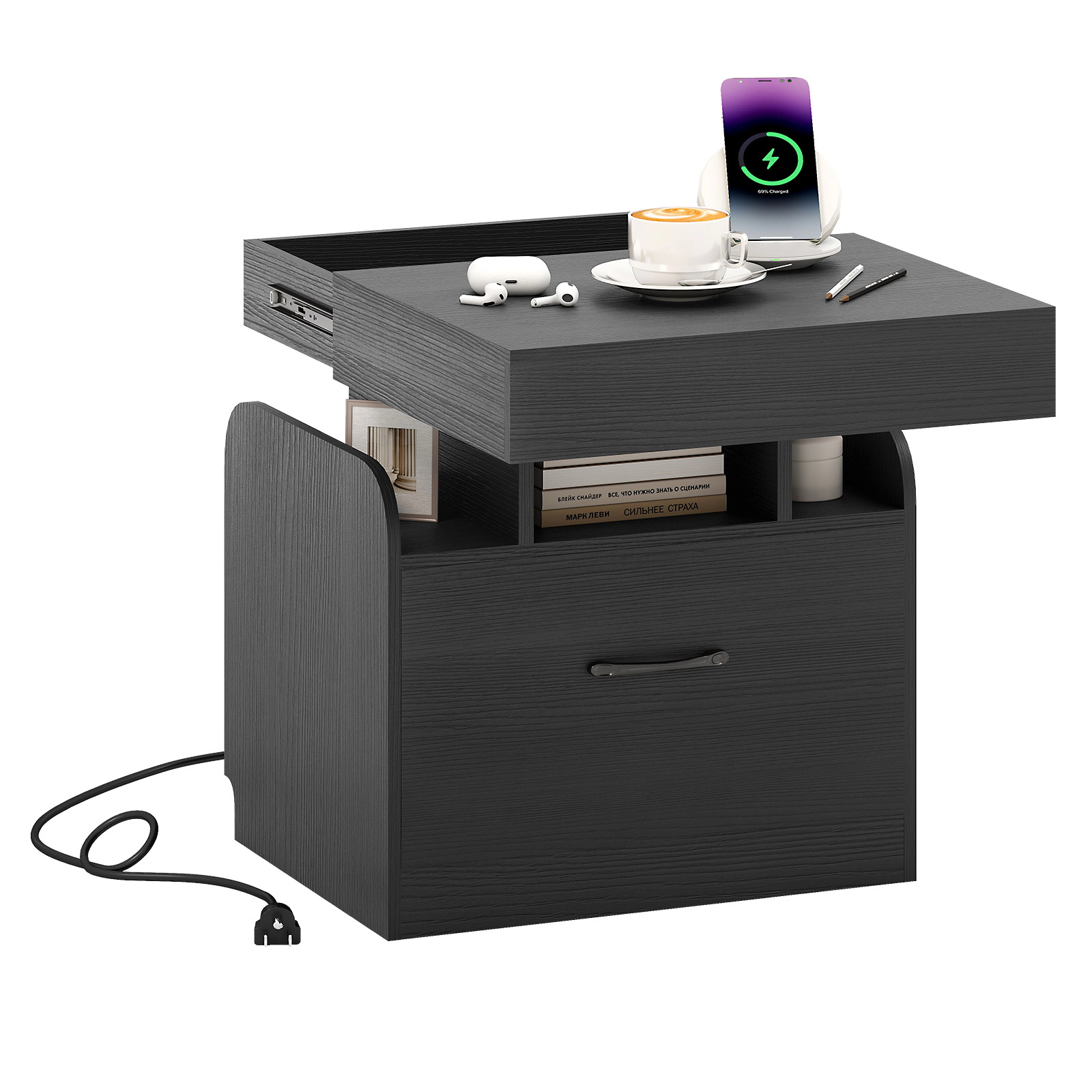 Glintex Nightstand with Push-to-Open Sliding Top Charging Station and Hidden Tray