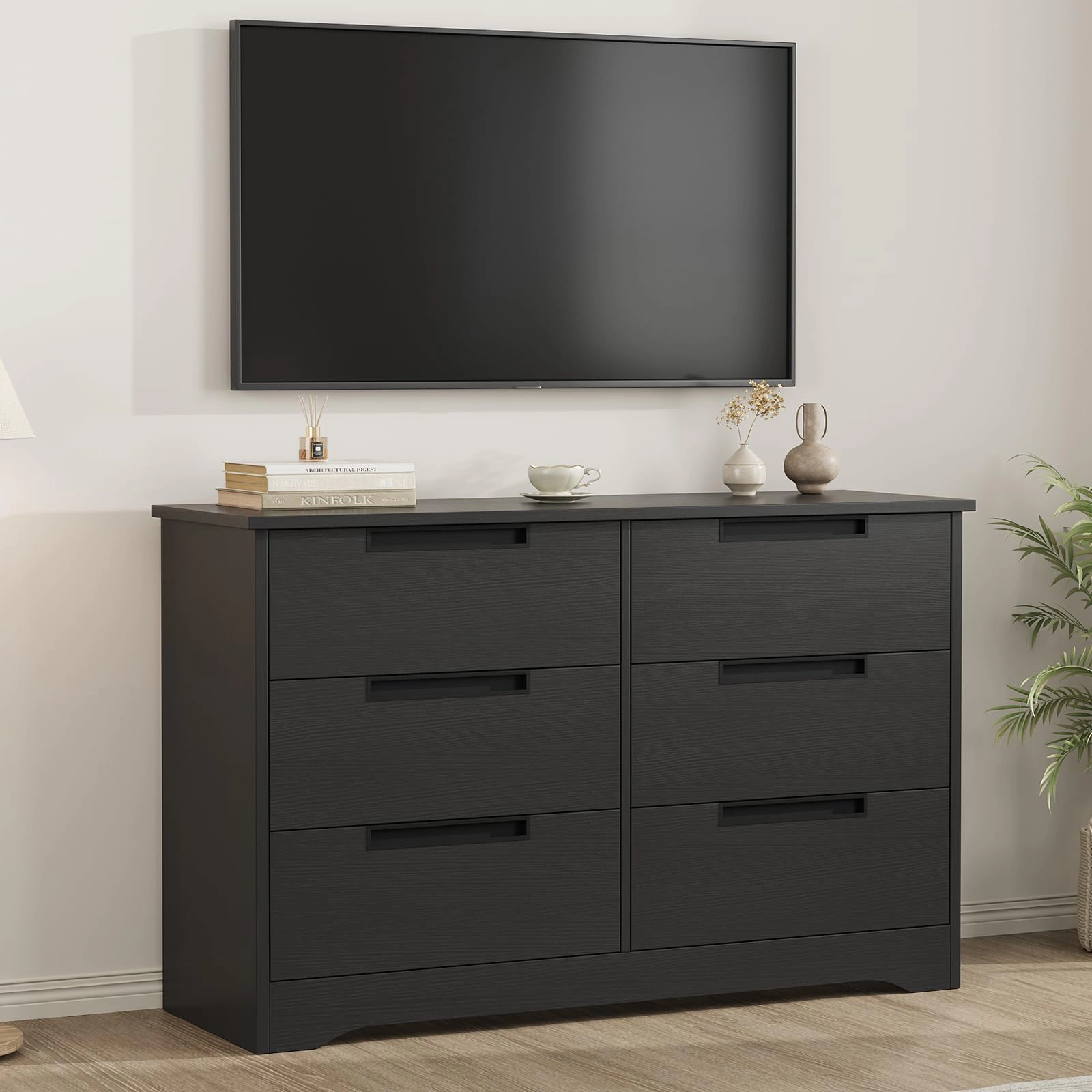 Modern Black 6 Drawer Dresser with Embedded Handles, Wooden Storage Organizer for Bedroom