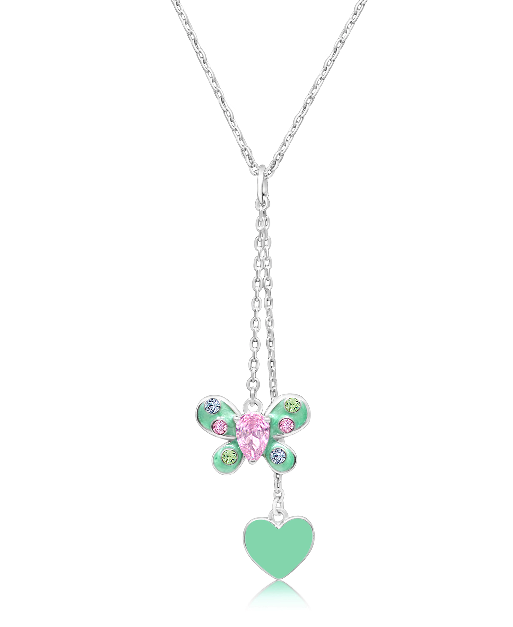 CHANTEUR Kids Butterfly and Heart Pendant Necklace - White Gold Palladium Plating, Green Crystal, 6-inch