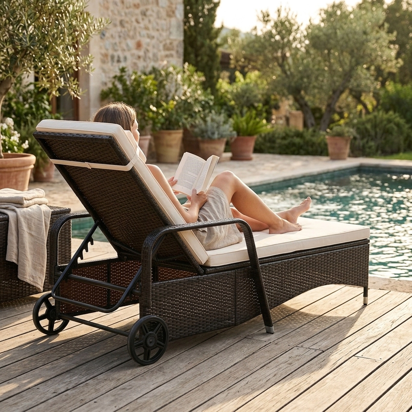SUGIFT Brown Outdoor Chaise Lounge, PE Rattan, Galvanized Steel Frame, 6-Position Reclining Backrest