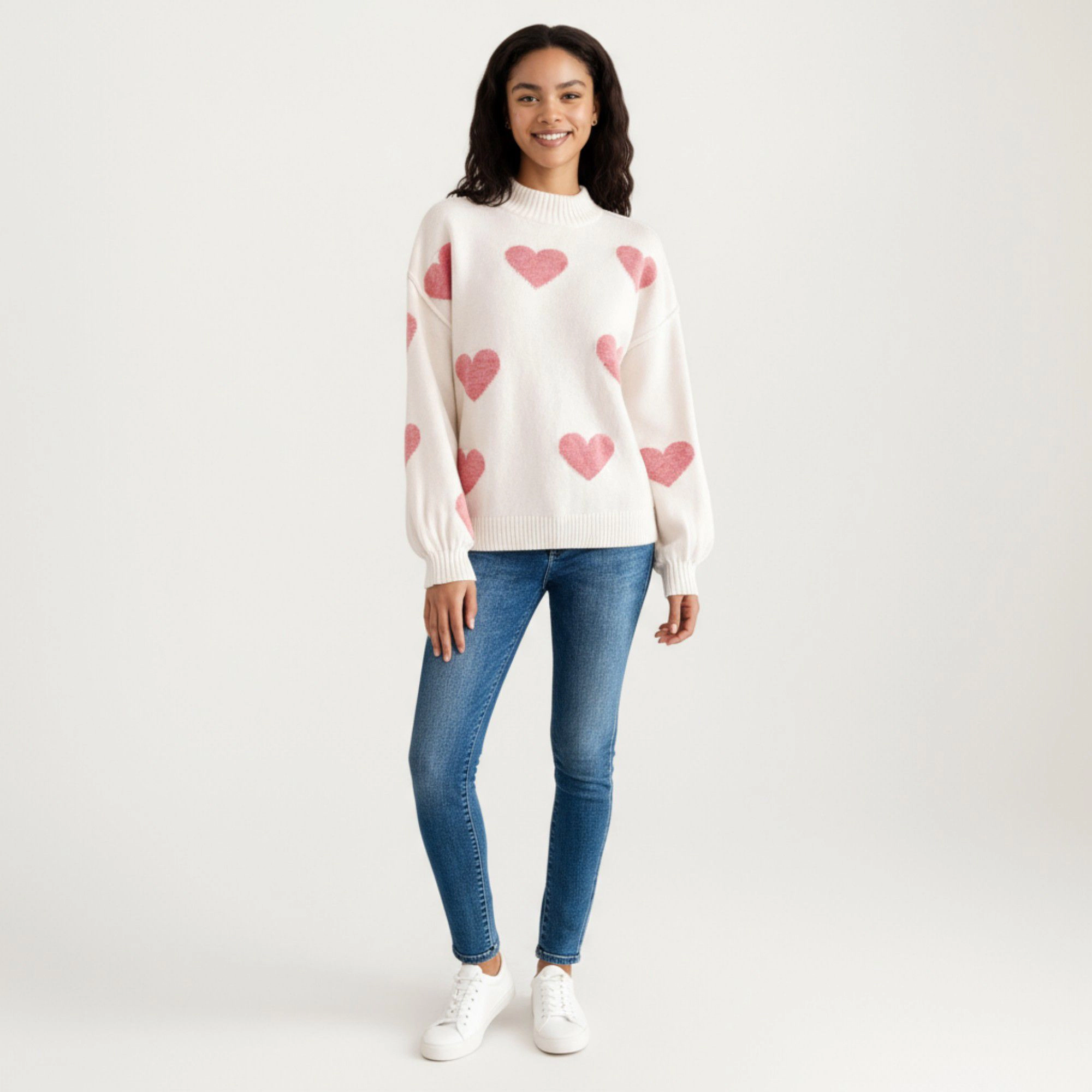Anna-Kaci Women's Long Sleeve Valentine Knit Sweater with Heart Pattern and Ribbed Trim