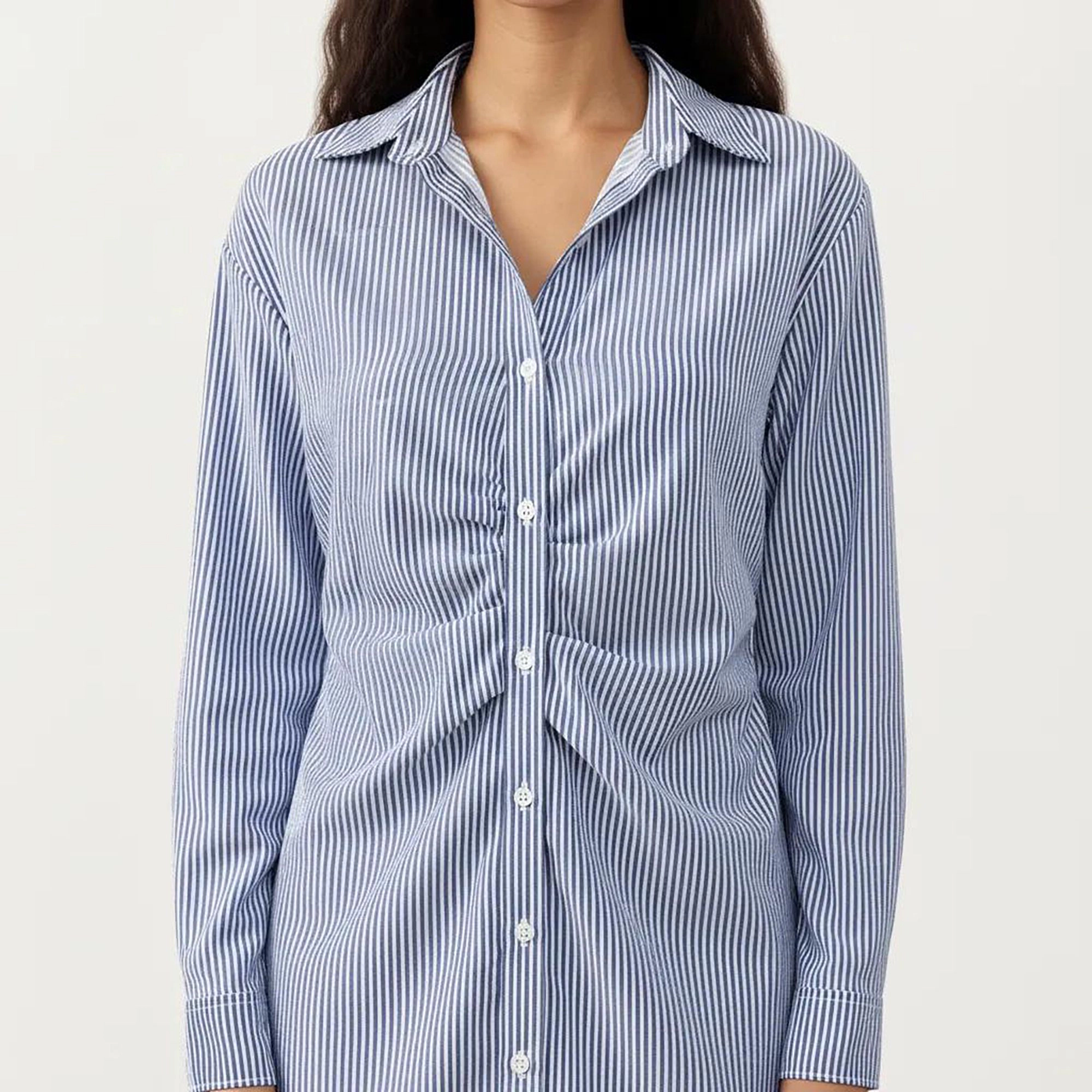 Anna-Kaci Women's Long Sleeve Button Down Twist Front Detail Relaxed Fit Shirt Dress