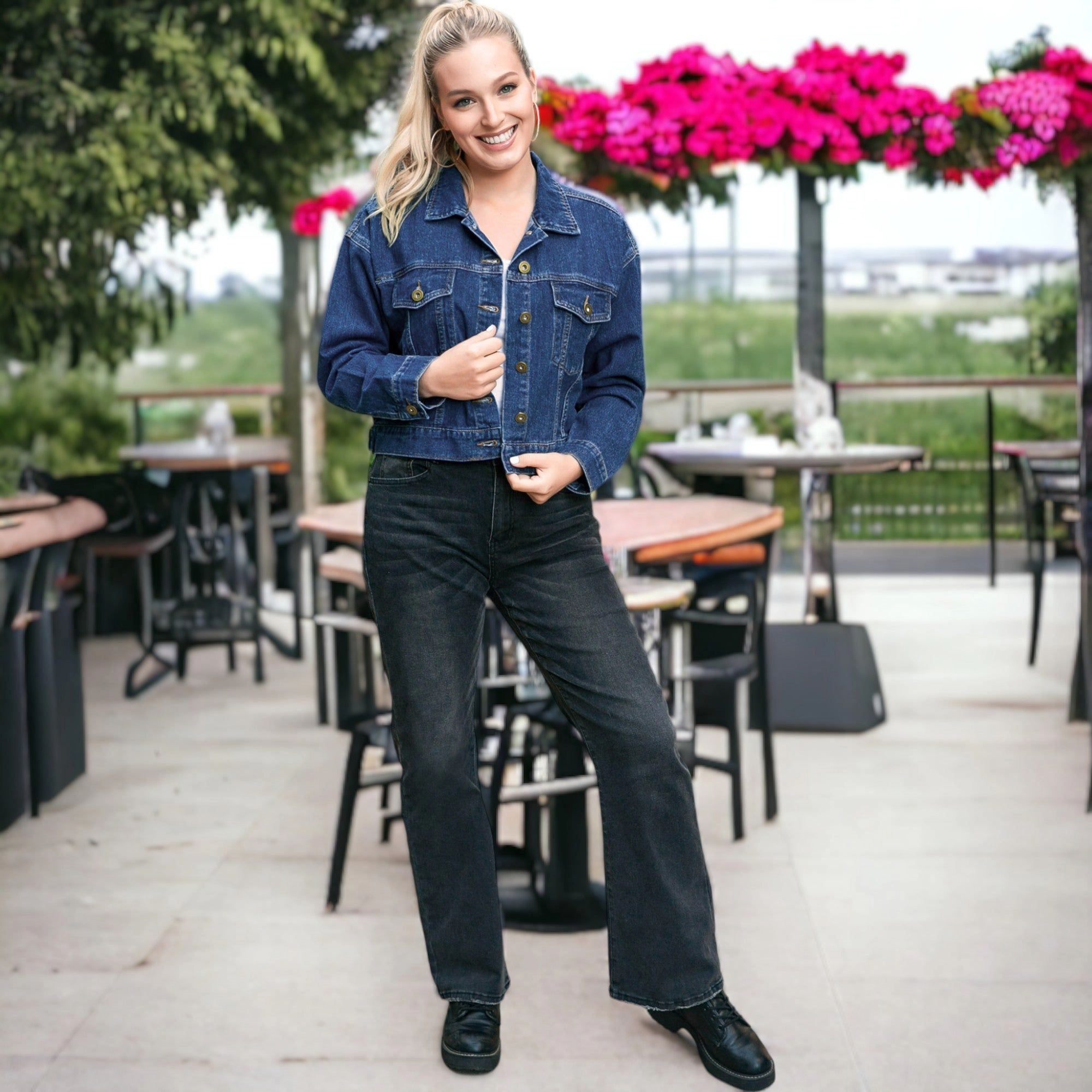 Anna-Kaci Women's Cropped Button Down Denim Jean Jacket with Pockets