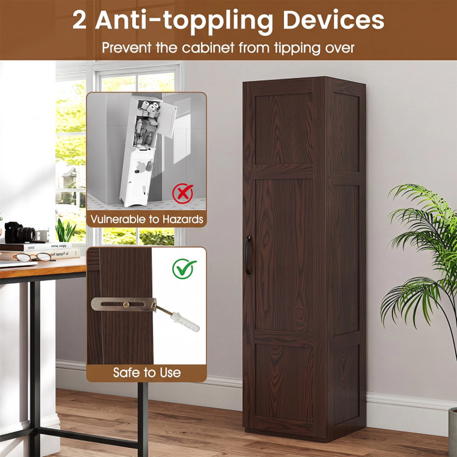 SUGIFT Single Door 4 Storage Shelves Tall Narrow Bathroom Floor Cabinet 16-in x 15-in x 59-in 110-lb Capacity Brown