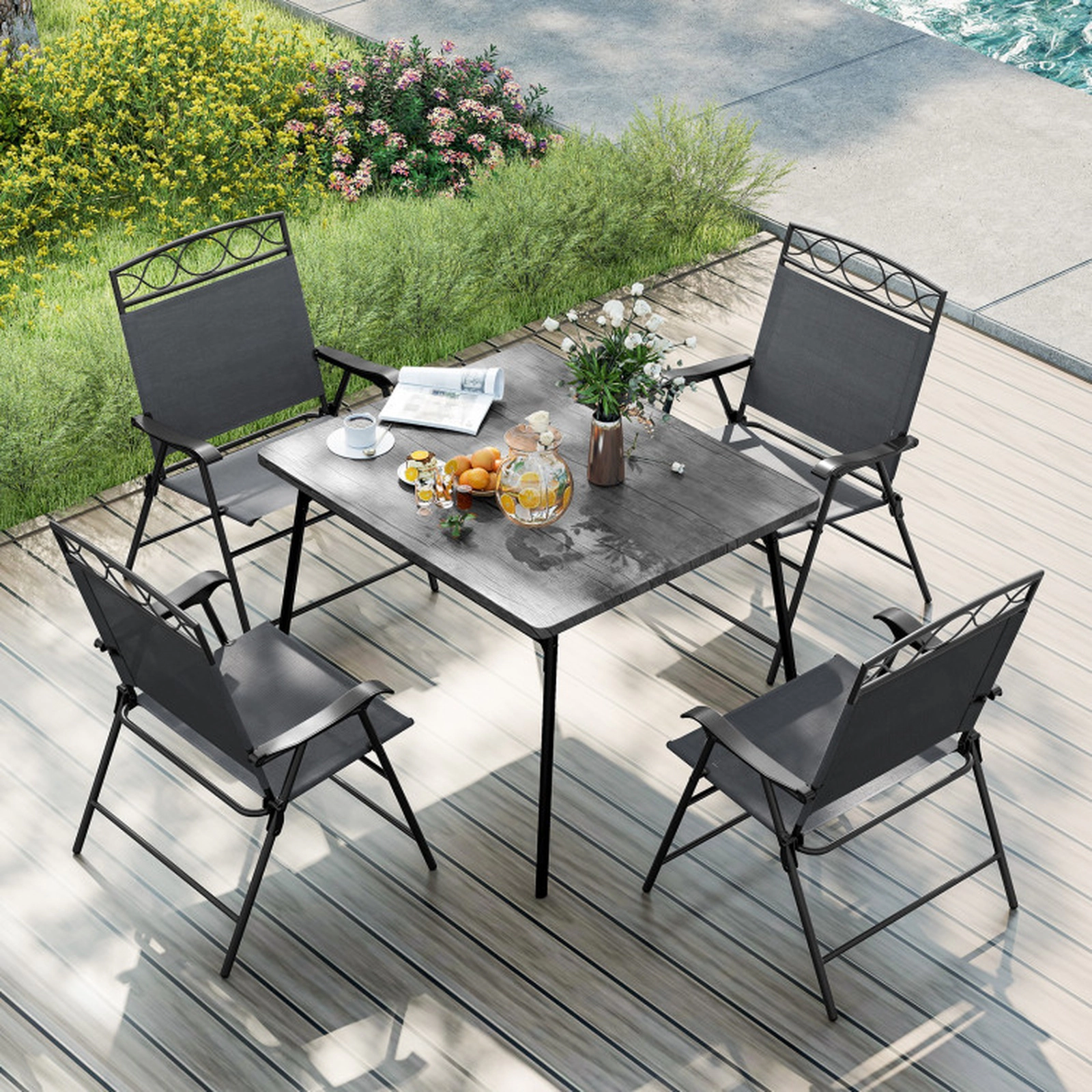 SUGIFT Set of 4 Gray Folding Patio Chairs, Outdoor Sling Seats with Armrests