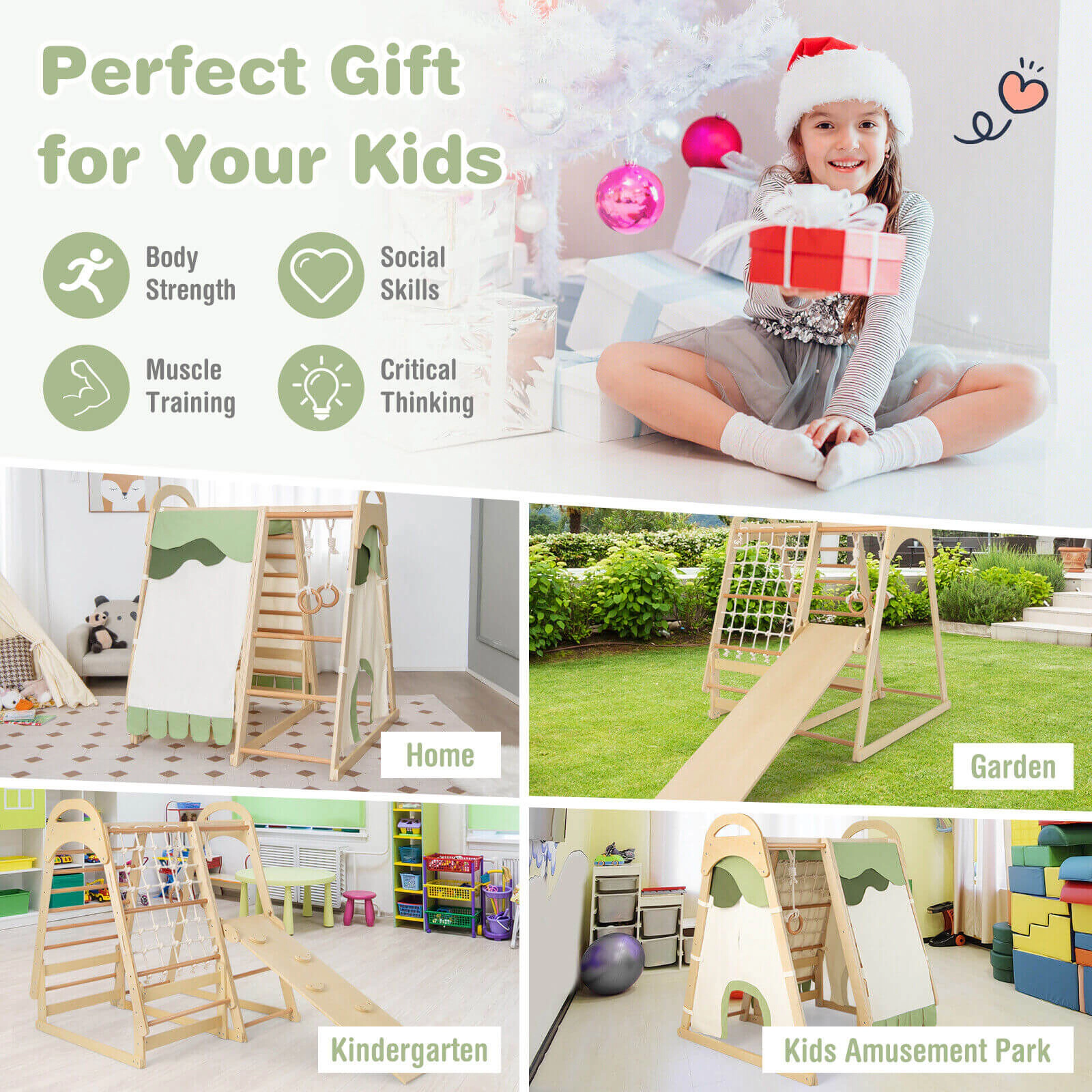 LJG 6-in-1 Wooden Kids Jungle Gym Playset with Slide Climbing Net