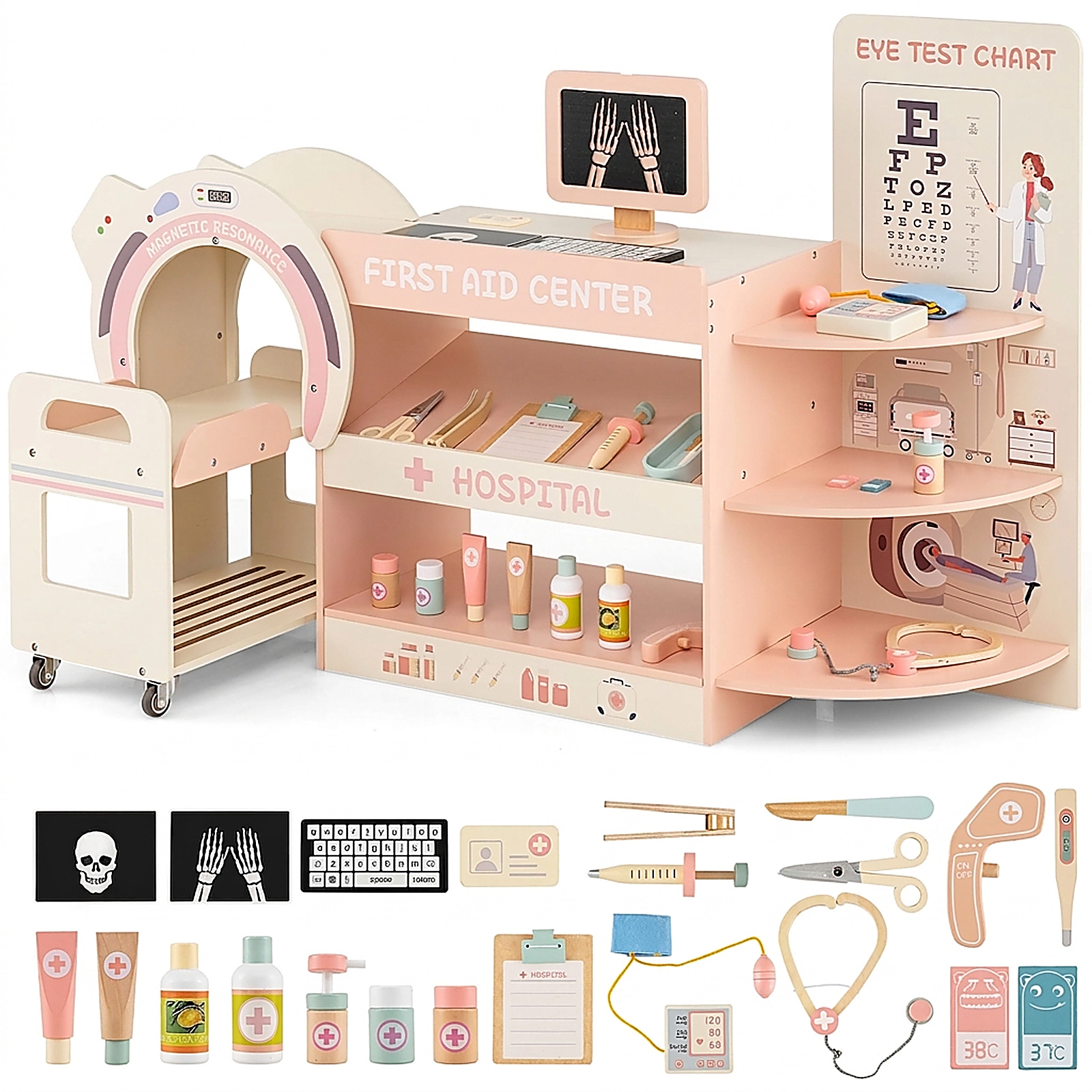 SUGIFT Wooden Kids Doctor Play Set Pretend Hospital Office Kit Eye Chart & Toy CT Machine 45.5-in Station Ages 3+ Pink