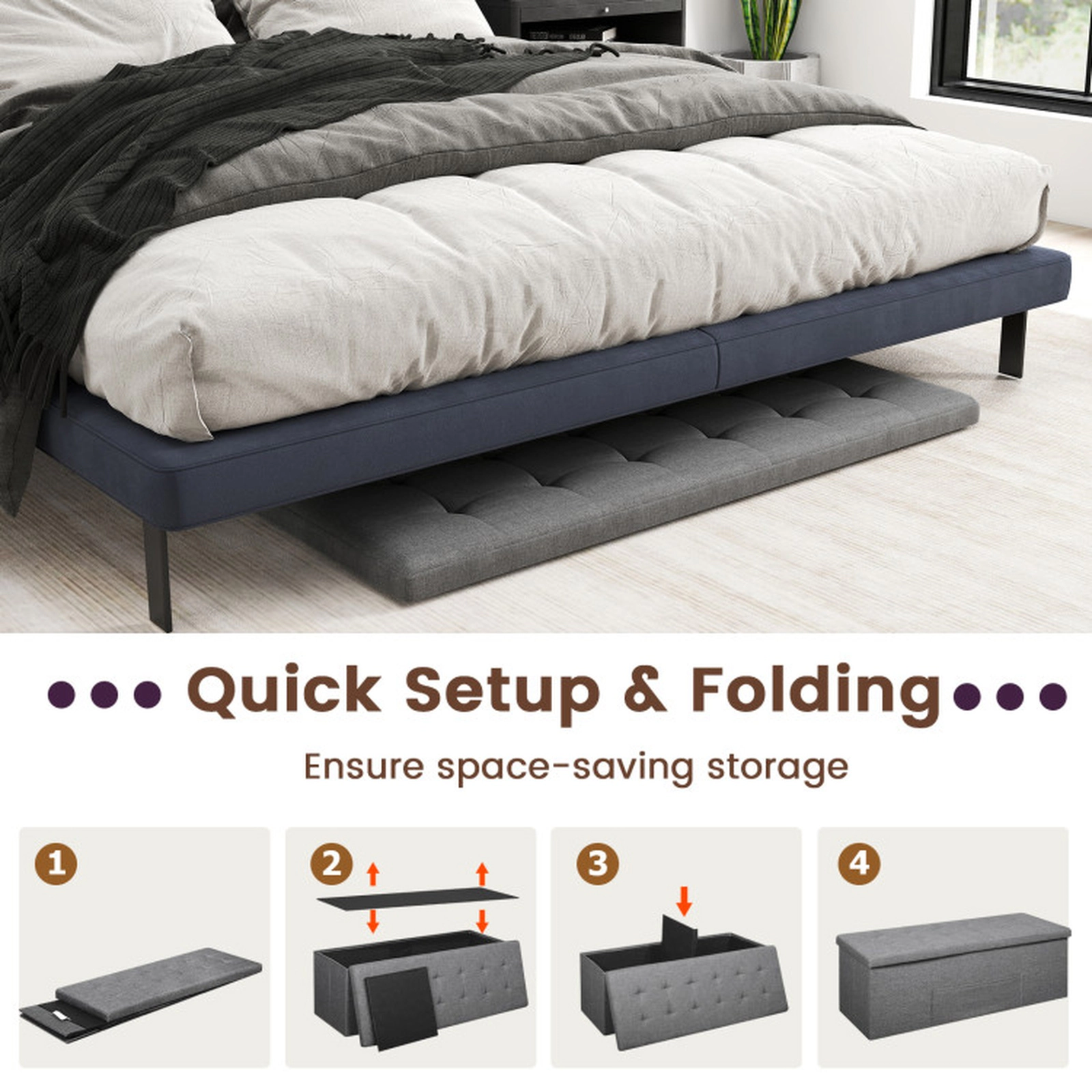 SUGIFT Folding Storage Ottoman Bench Padded Seat 660-lb Capacity End of Bed Bench with Storage Compartments Dark Gray