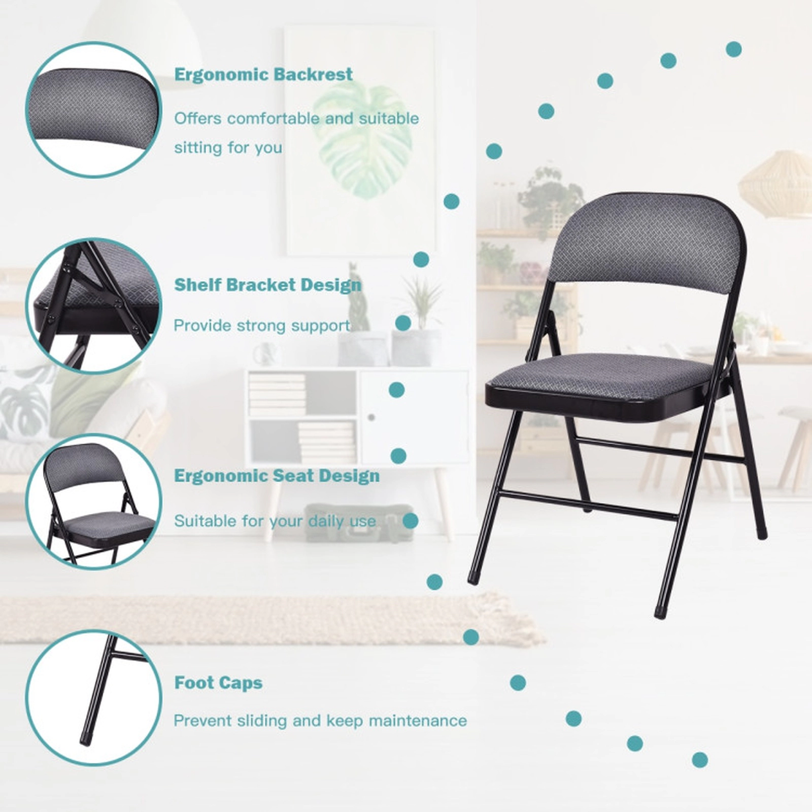 SUGIFT Set of 4 Fabric Upholstered Padded Seat Metal Frame Folding Chairs 18-in x 20-in x 30-in 265-lb Capacity Black