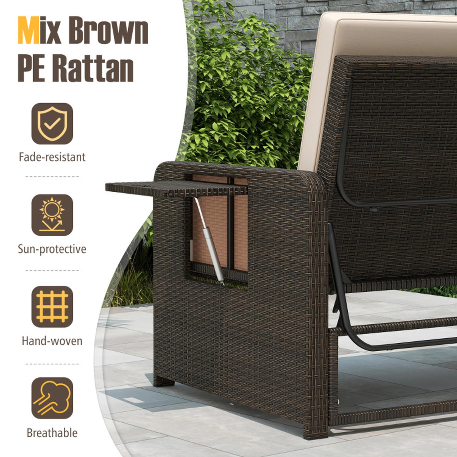 SUGIFT 4-Position Adjustable Outdoor Patio Daybed Chaise Lounge Loveseat with Storage Ottoman 800-lb Capacity Mix Brown