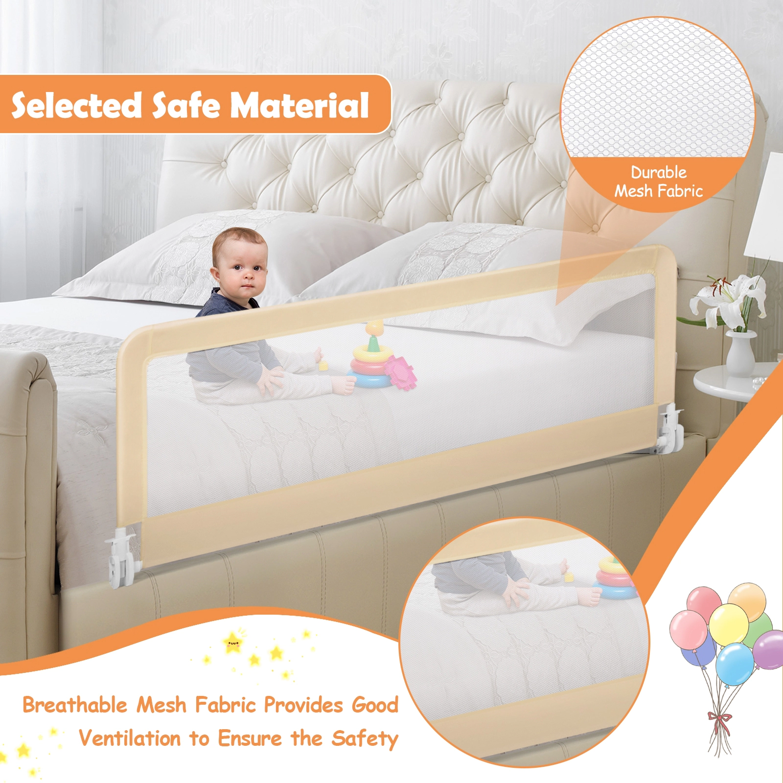 SUGIFT 59-in Folding Breathable Baby Bed Rail Guard with Safety Strap for Ages 2+ Fits 4.72-11.81-in Mattresses Beige