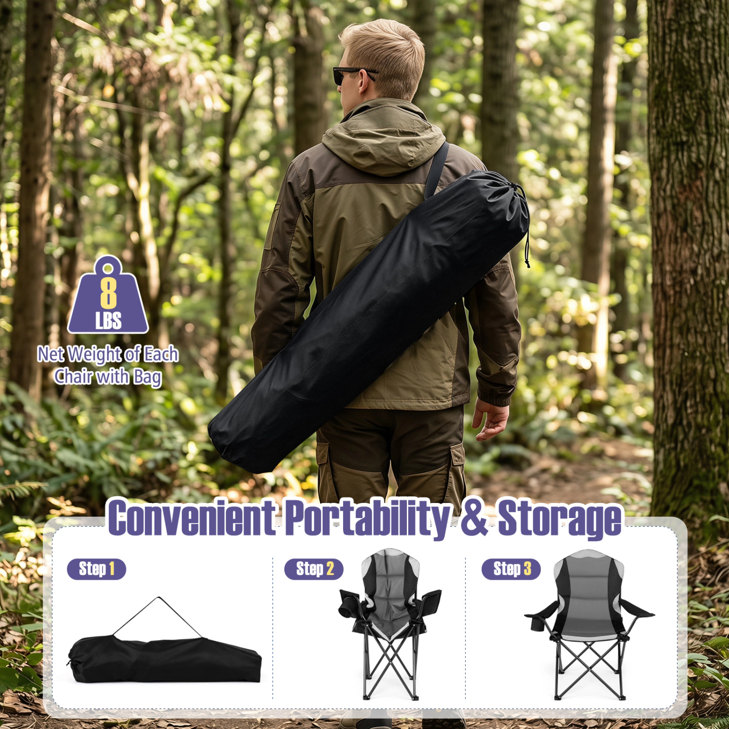 LJG 2 Pieces Folding Camping Chairs for Adults with Cup Holders