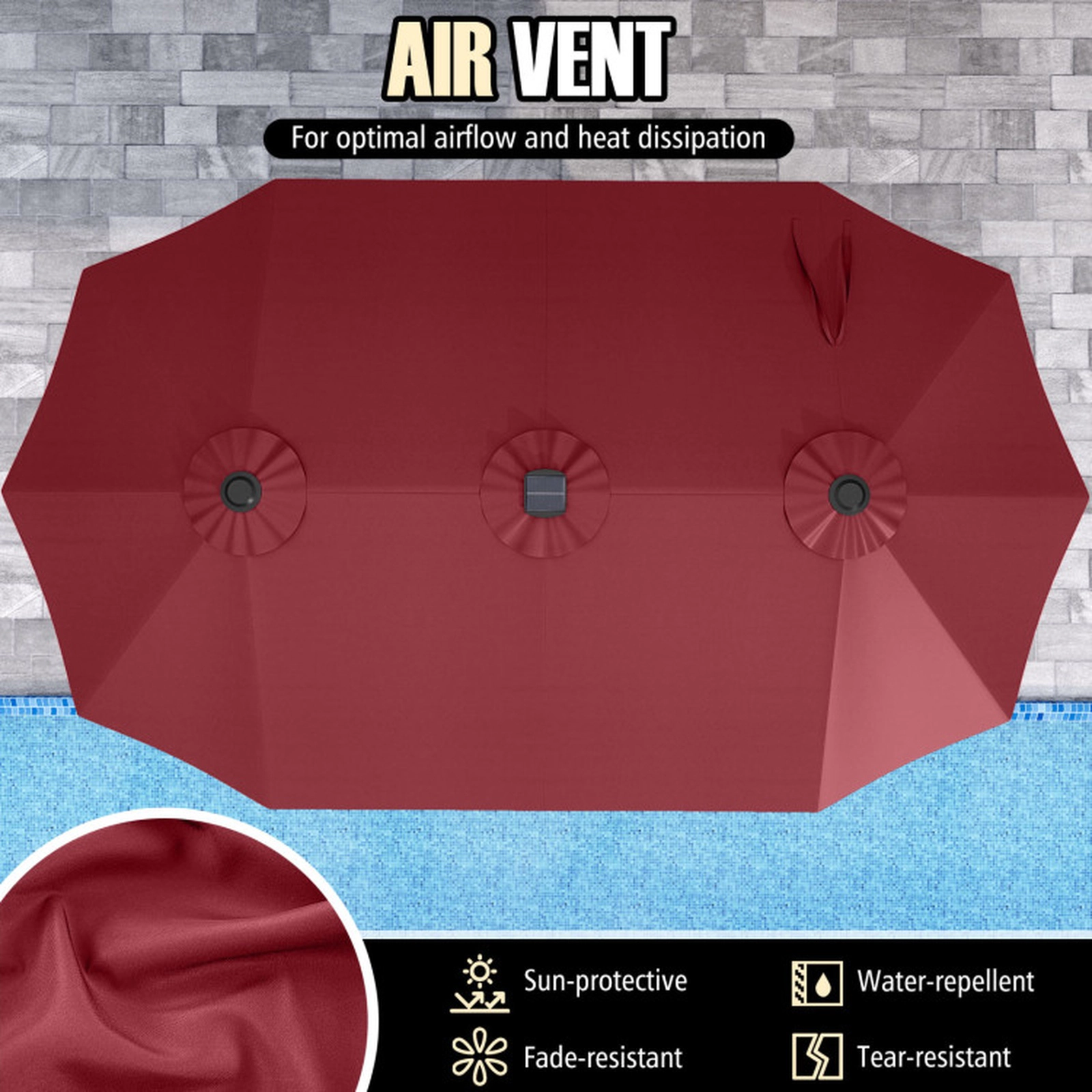 SUGIFT 15.5-ft Extra-Large Double-Sided Patio Umbrella with LED Solar Lights Crank Handle 30-lb Net Weight 1-Pc Red