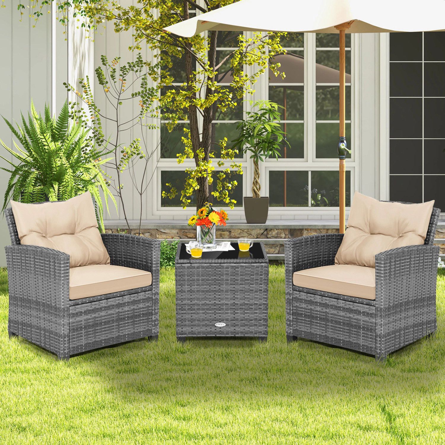 LJG 3 Pieces Outdoor Wicker Conversation Set with Tempered Glass Tabletop