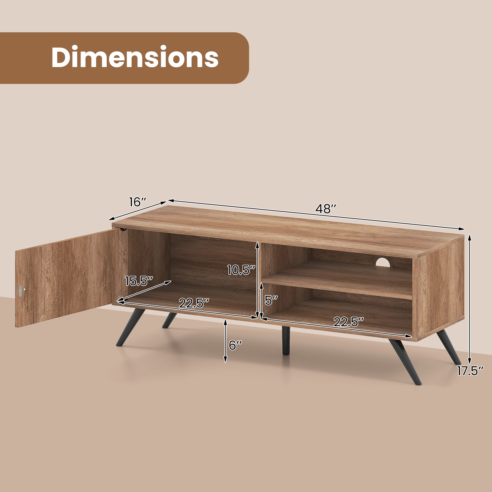 SUGIFT Mid Century TV Stand for TVs up to 55 in with Storage Cabinet 210-lb Tabletop Capacity Oak