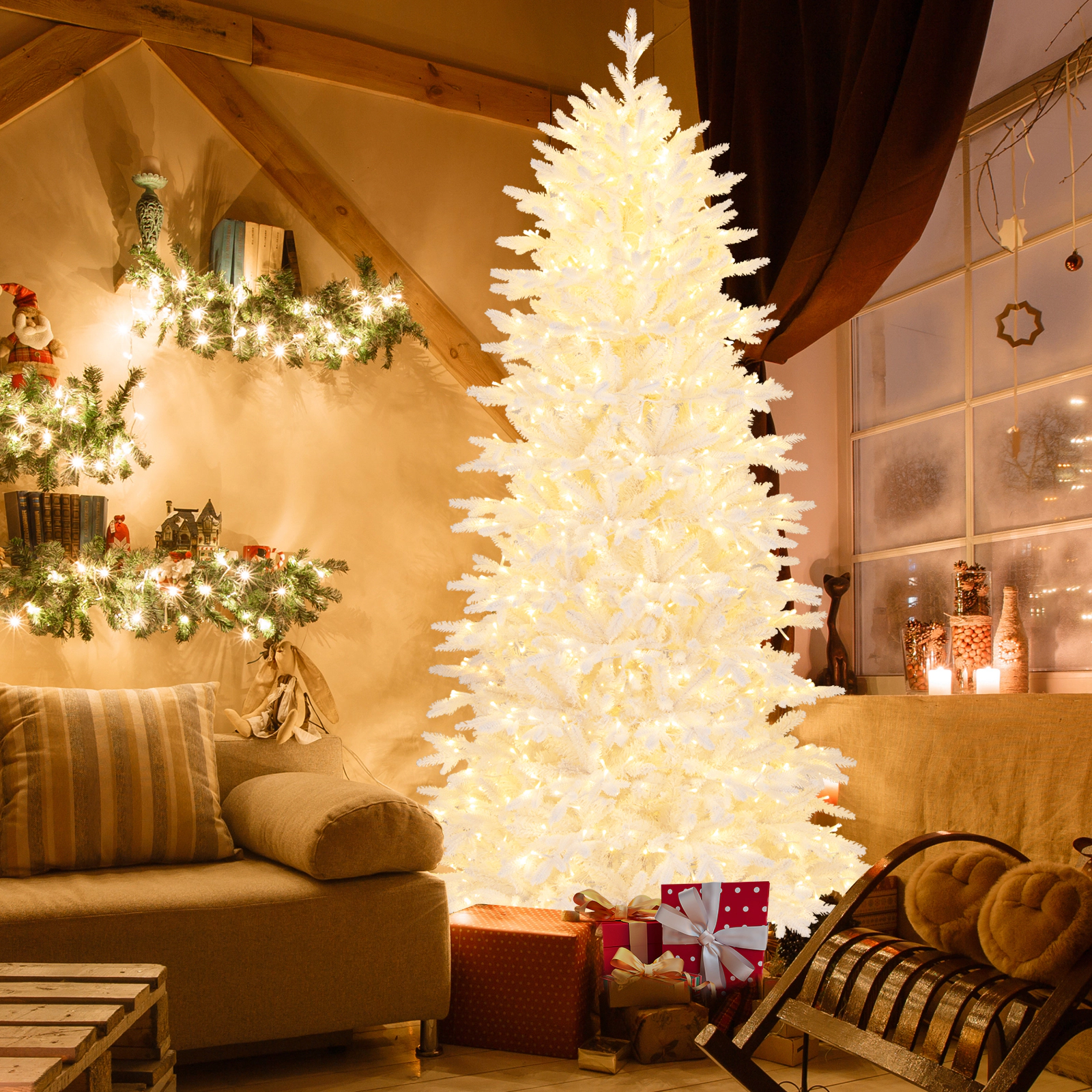 SUGIFT 7-ft White Pre-Lit Flocked Artificial Christmas Tree with 1880 Tips 900 LED Lights and 4 Wheels