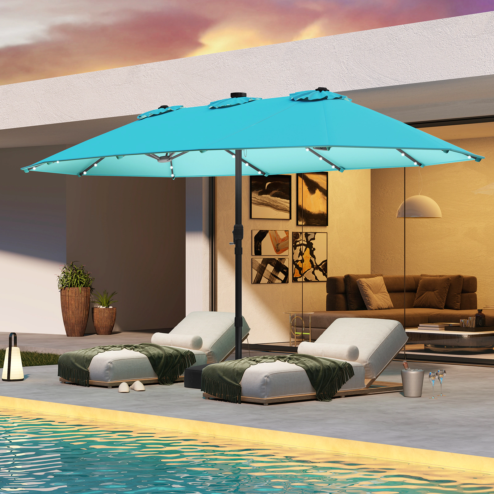 SUGIFT Turquoise 48 Solar LED Lights 12 Ribs and Base 15 FT Double-Sided Patio Umbrella