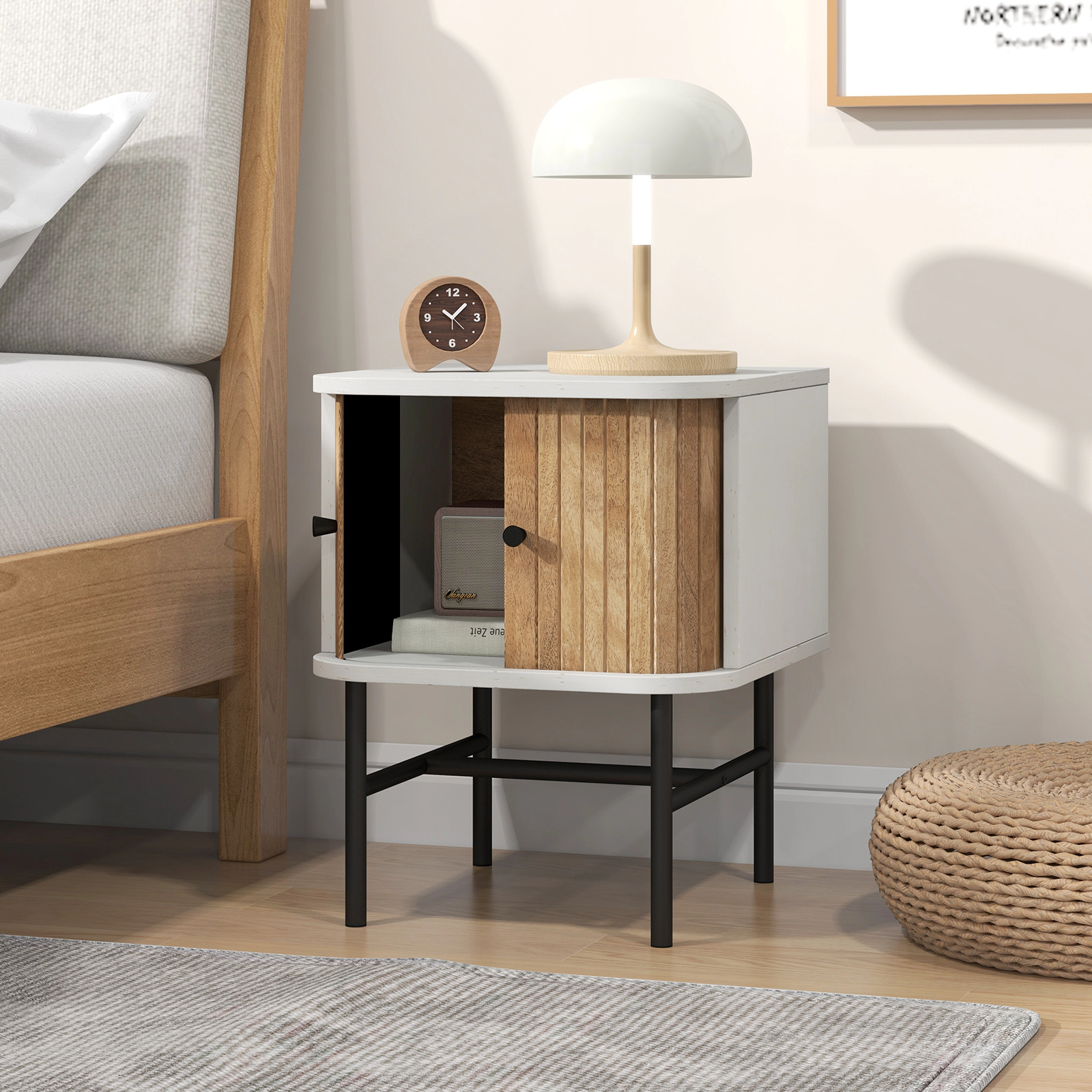 Glintex Mid-Century Nightstand with Sliding Cabinet Doors and Metal Rail, White